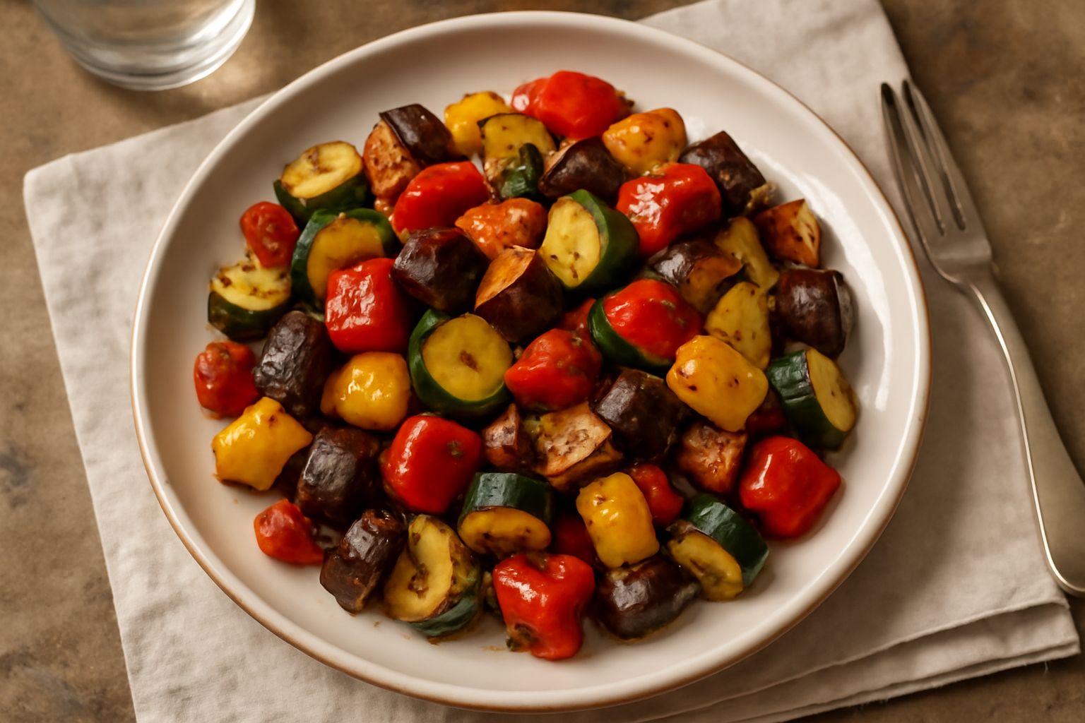 Piatto bianco con verdure miste: zucchine affettate croccanti, melanzana soffreddolata color viola scuro, peperoni rossi e gialli, tutto cosparso di prezzemolo fresco verde e condito con olio lucido, 