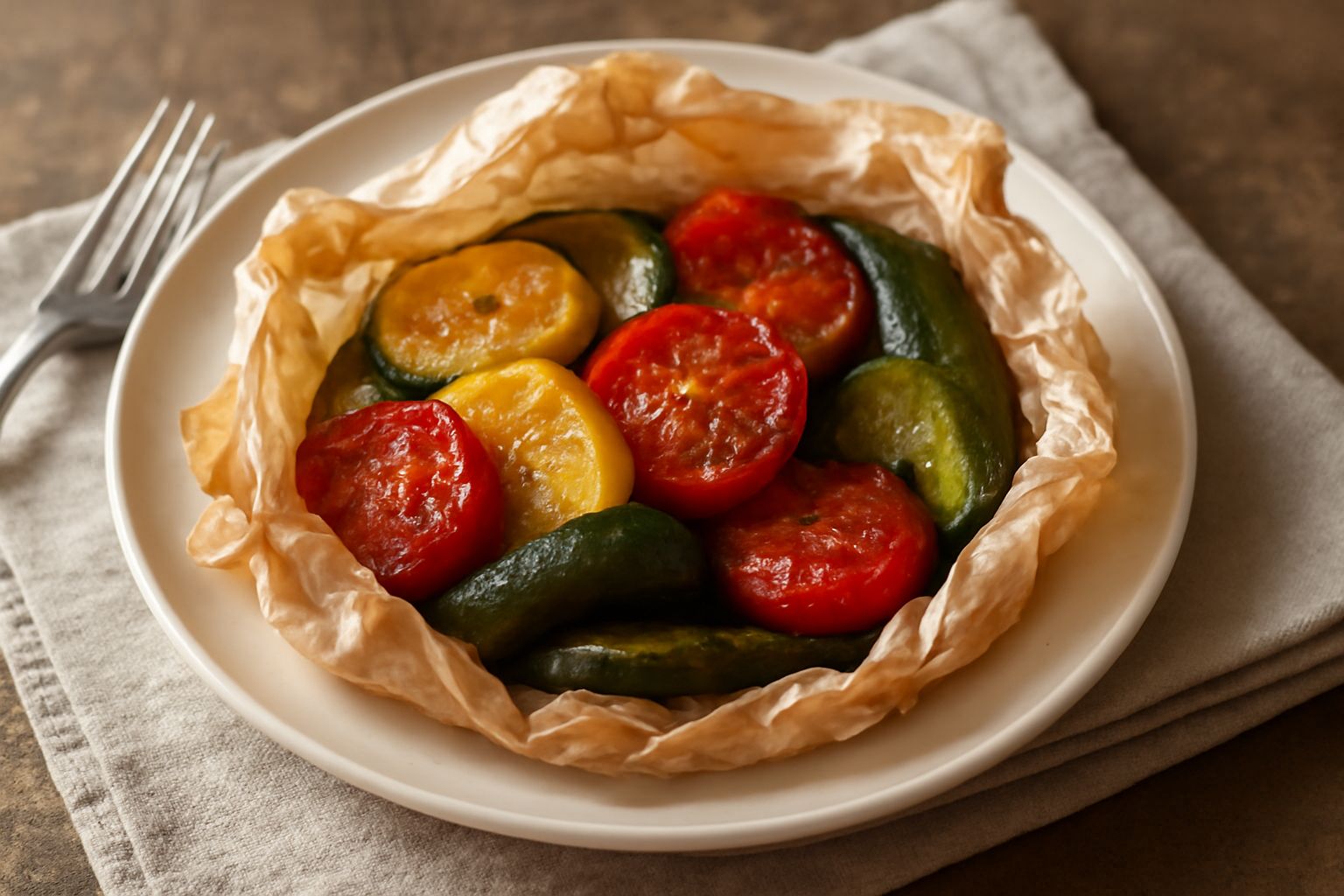 Cartoccio di carta da forno aperto che contiene verdure miste arrostite, zucchine gialle e verdi, pomodorini rossi, melanzana viola, cipolla bianca caramellata, con vapore che esce dal cartoccio ancor