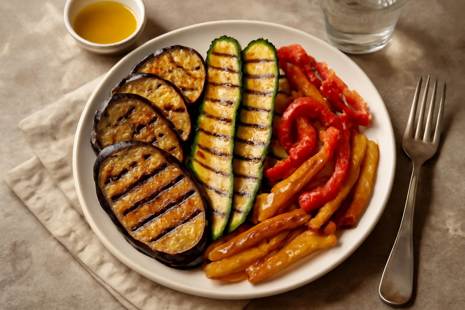 Verdure alla griglia disposte nel piatto: strisce di melanzana viola scuro con segni di grill paralleli, zucchine gialle e verdi a fette dorate, peperoni rossi e gialli caramellati, pomodori rossi leg