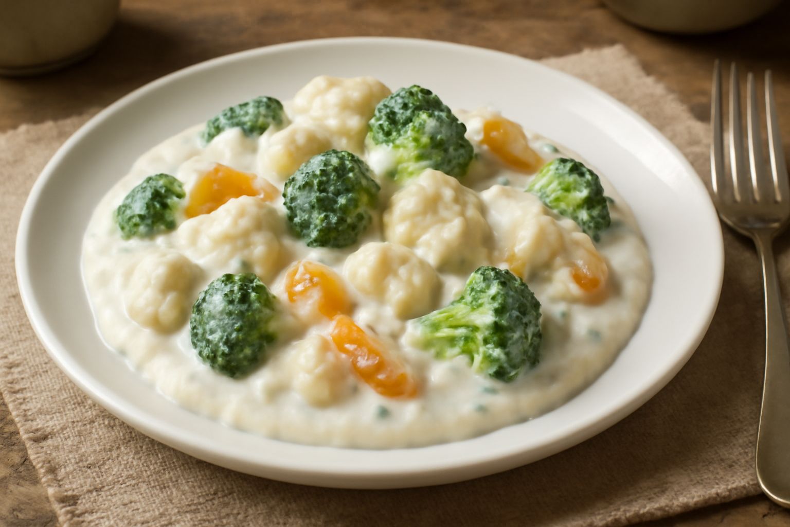 Broccoli, cavolfiore e carote in una ciotola di porcellana bianca ricoperte di salsa panna cremosa e spolverata di pepe nero, servite tiepide