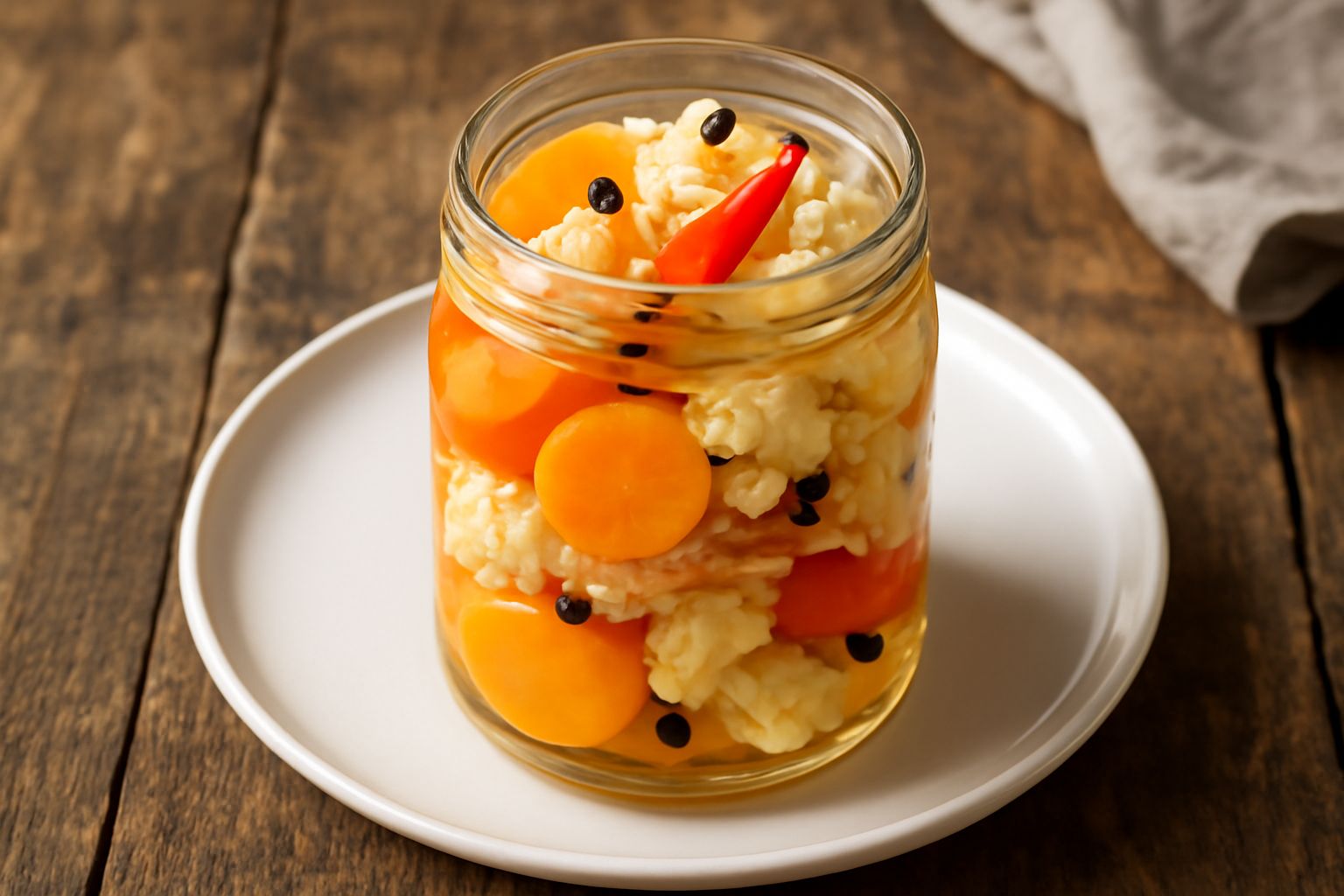 Barattolo di vetro trasparente con verdure alla trentina: fette di carota arancione, pezzi di cavolfiore bianco, crauti giallognoli, peperoncino rosso e chicchi di pepe visibili nel liquido limpido e 