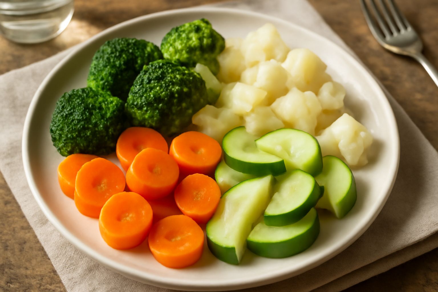 Piatto bianco con verdure bollite: broccoli verdi brillanti, carote arancioni affettate, zucchina verde pallido e cavolo bianco, ancora fumanti, condite con olio d'oliva e sale