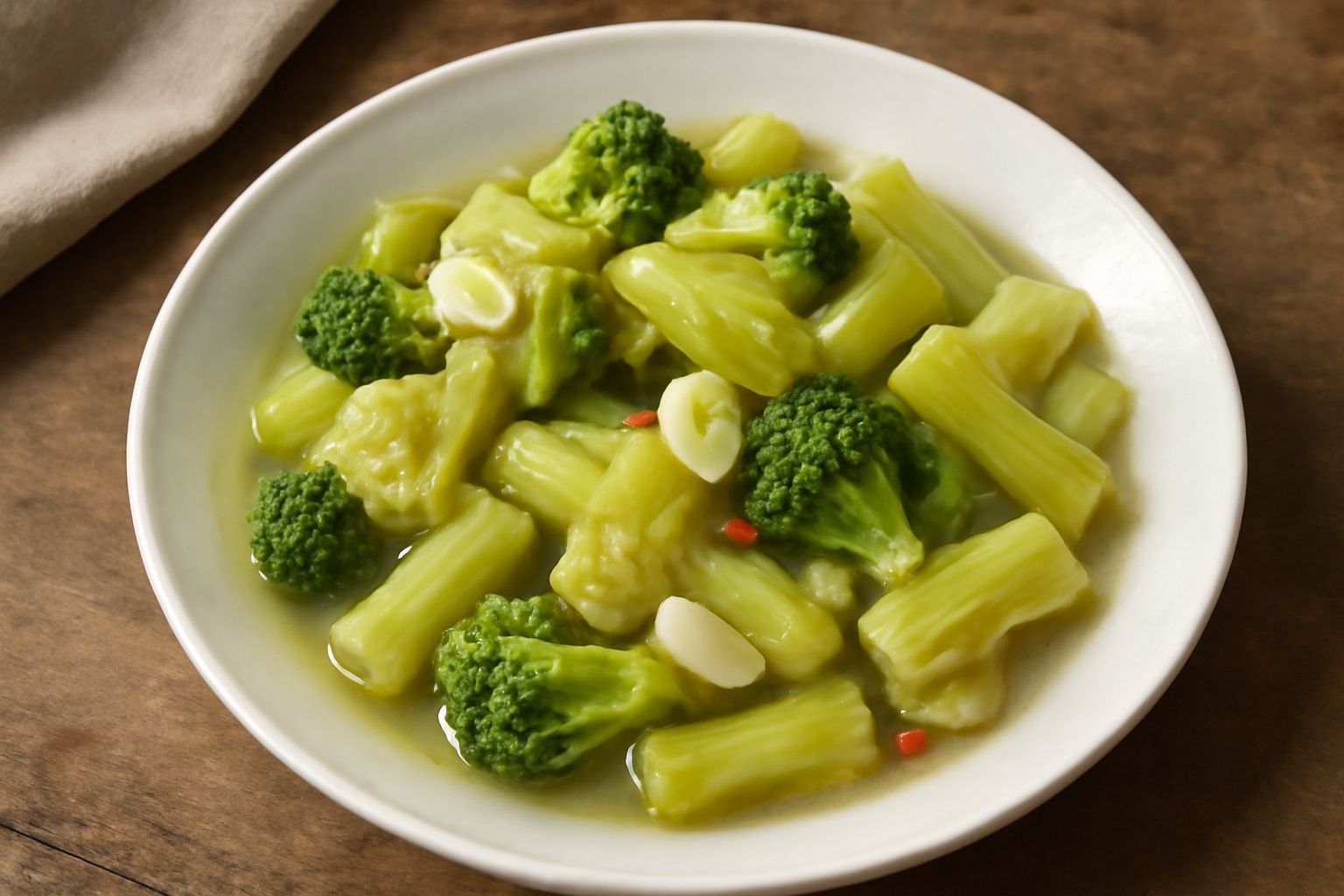 Piatto bianco con verdure miste bollite di colore verde e giallo pallido, condite con aceto e visibili pezzi di aglio e peperoncino, servite come contorno