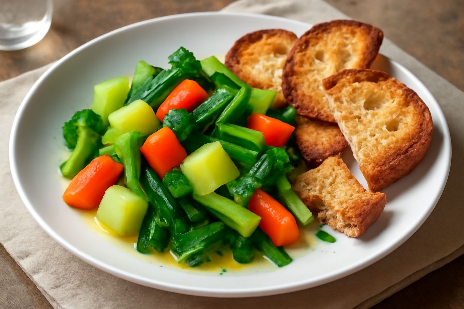 Piatto bianco con broccoli, carote e zucchine bollite arrangiati al centro, accompagnati da fette di pane tostato dorate ai lati, condite con olio extravergine e pepe nero