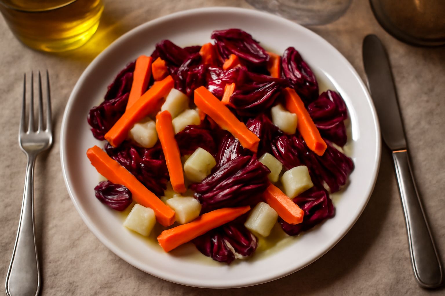Piatto di ceramica bianca con verdure crude affettate: carote arancioni tagliate a bastoncini, sedano bianco, cicoria rosso scuro, tutto condito con olio d'oliva dorato e piccole gocce di aceto balsam