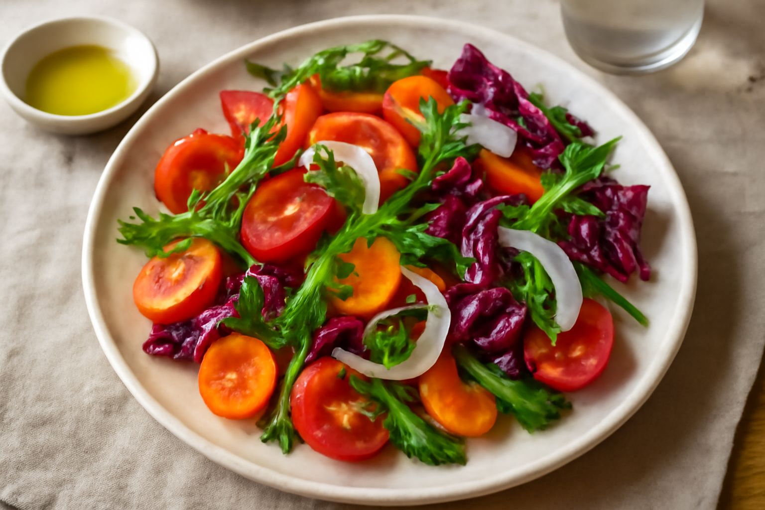 Ciotola bianca con insalata mista cruda: carote tagliate a bastoncini arancioni, rucola verde scuro, radicchio rosso e pomodorini gialli, conditi d'olio trasparente che luccica, limone a spicchi ai bo