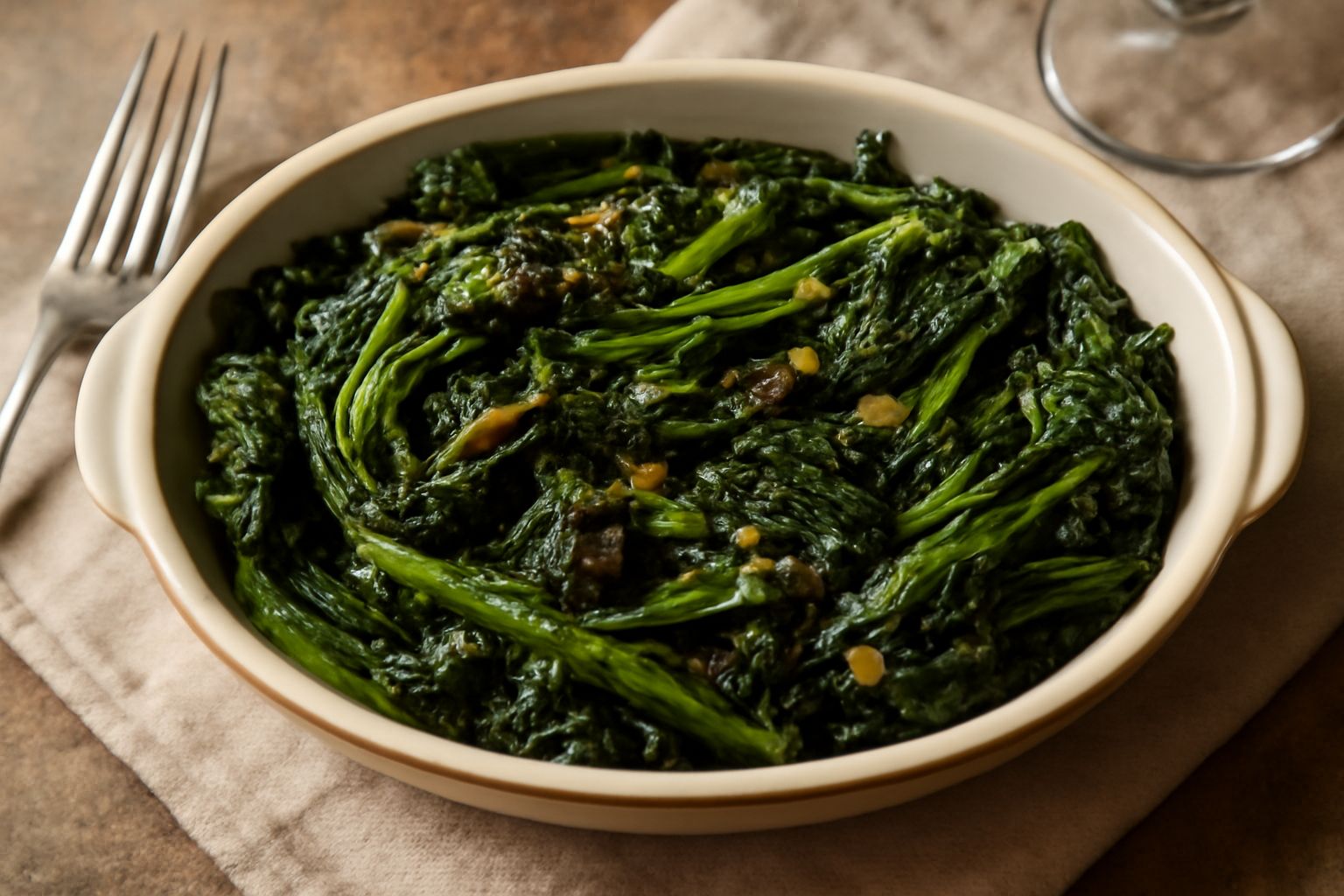 Verdure stufate in un piatto bianco: borragine verde scuro, cicoria, carciofi e spinaci selvatici brillanti di olio extravergine, con cipolla dorata e aglio visibili tra gli ortaggi