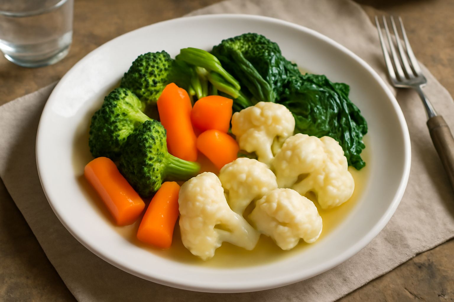 Piatto bianco con cavolfiore, broccoli, carote e spinaci bolliti ancora fumanti, conditi con olio extravergine e un pizzico di sale, su sfondo di legno naturale