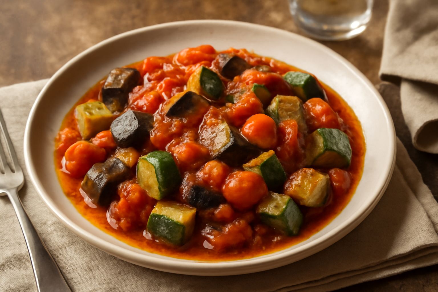 Ciotola bianca con verdure miste in umido: zucchine verdi, pomodori rossi, melanzane viola scuro, carote arancioni e cipolla bianca, condite con olio verde oliva lucente e prezzemolo fresco