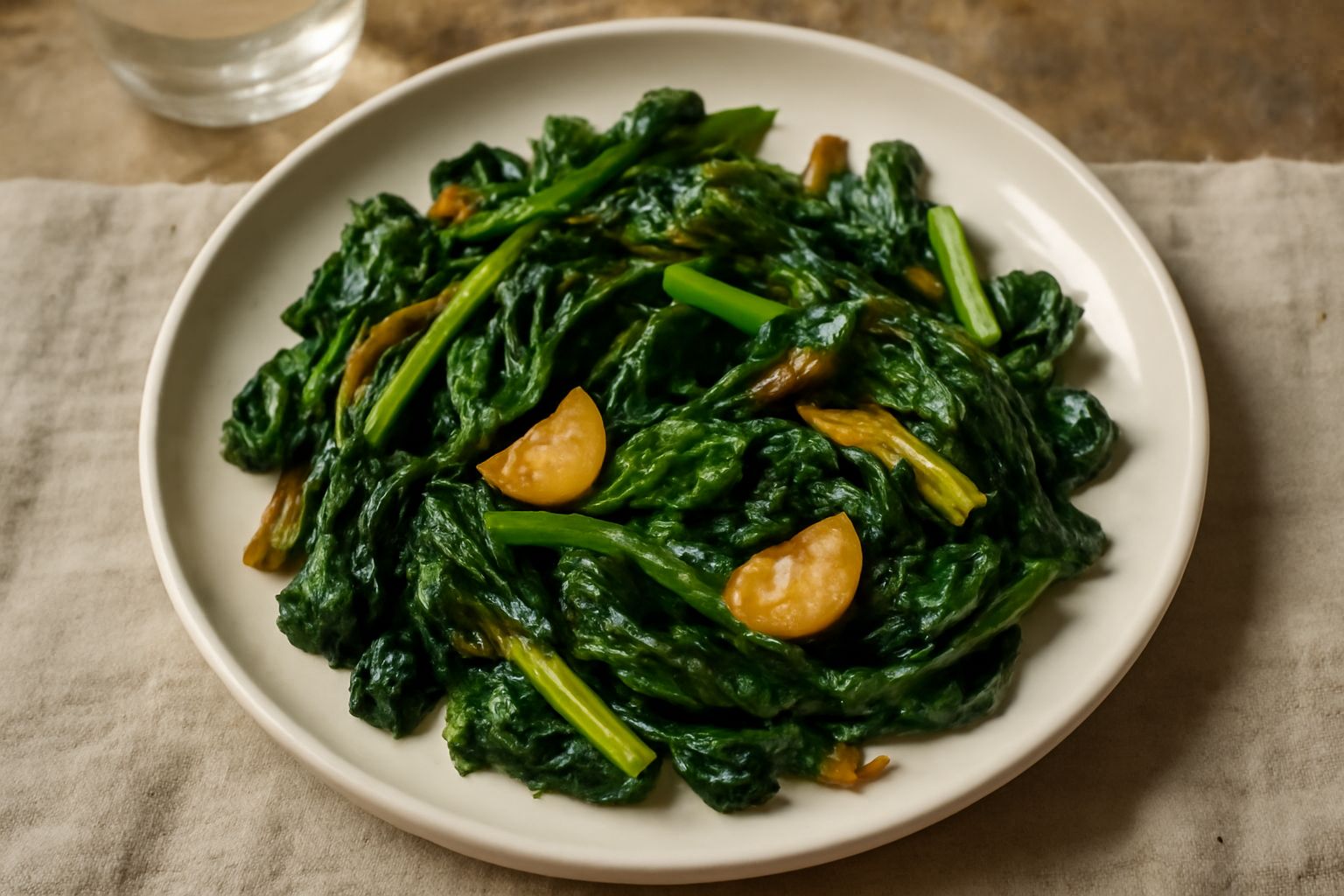 Verdure miste ripassate in padella: zucchine verdi tagliate a rondelle, melanzane grigie e peperoni rossi rosolati, con aglio dorato, servite in un piatto bianco su tavolo di legno chiaro