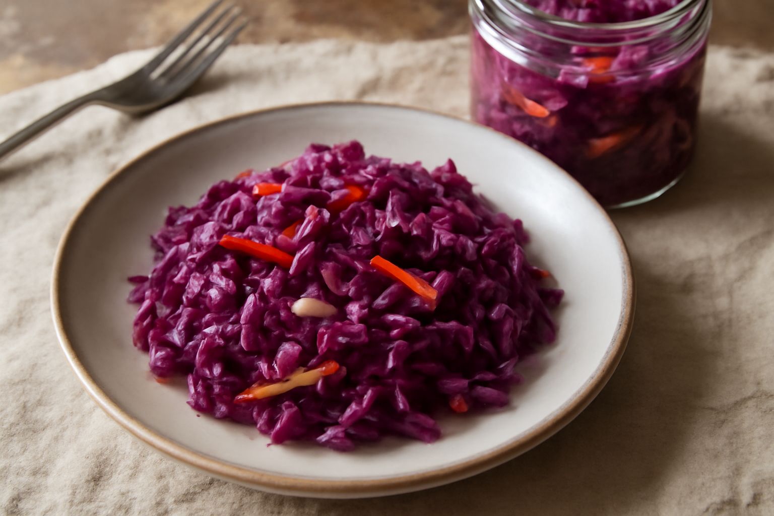 Barattolo di vetro con verdure fermentate: cavolo rosso a strisce, carote arancioni e sale bianco visibile, liquido lattiginoso, primo piano con sfondo bianco