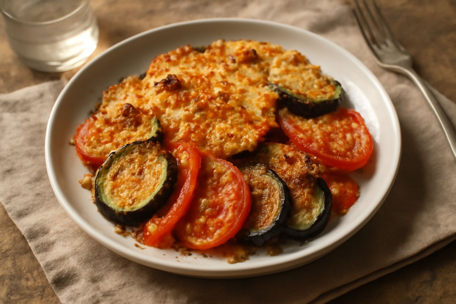 Piatto di verdure gratinate appena sfornate: melanzane, zucchine e pomodori con crosticina dorata di pane grattugiato e formaggio, vapore ancora visibile, contorno di insalata fresca e prezzemolo