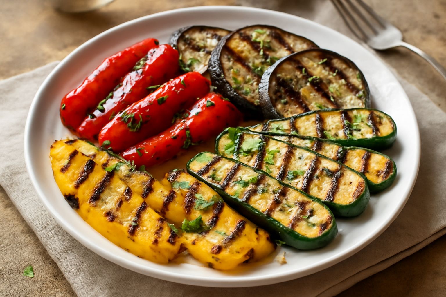 Melanzane, zucchine gialle e rosse e peperoni rossi grigliati in strisce sottili, disposti nel piatto con leggera doratura ai bordi e tracce di griglia, guarniti con prezzemolo fresco