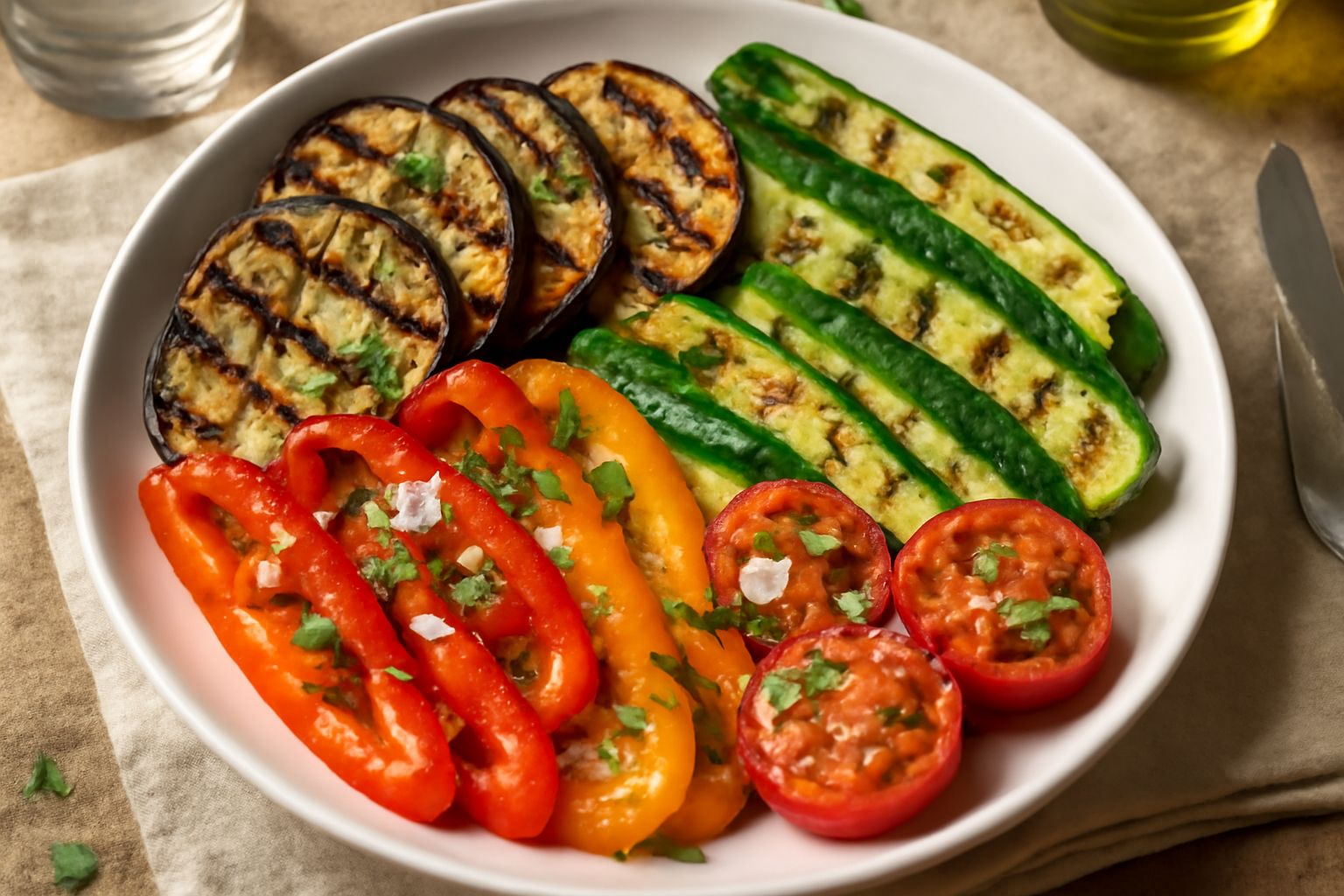 Piatto con verdure grigliate di colore violetto, verde e rosso, melanzane e zucchine con righe di cottura, peperoni rossi e gialli, guarniti con prezzemolo verde brillante e gocce di olio, su fondo bi
