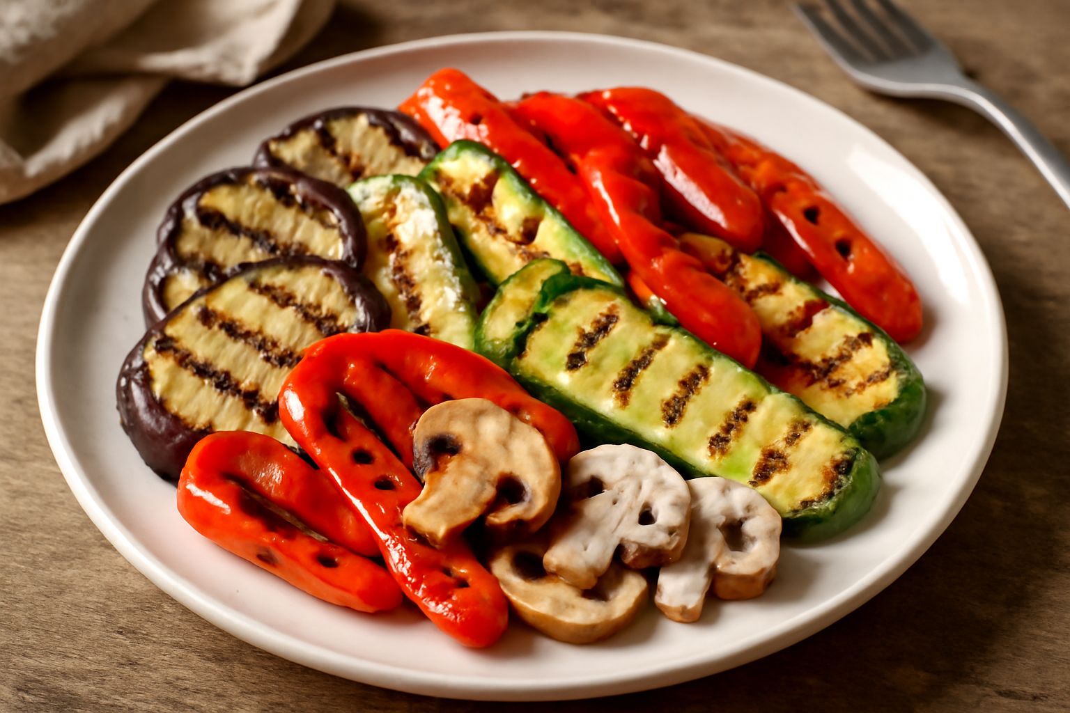 Verdure grigliate su piatto bianco: melanzane, zucchine, peperoni e funghi con striature scure dalla griglia, cosparse di olio d'oliva dorato e prezzemolo fresco