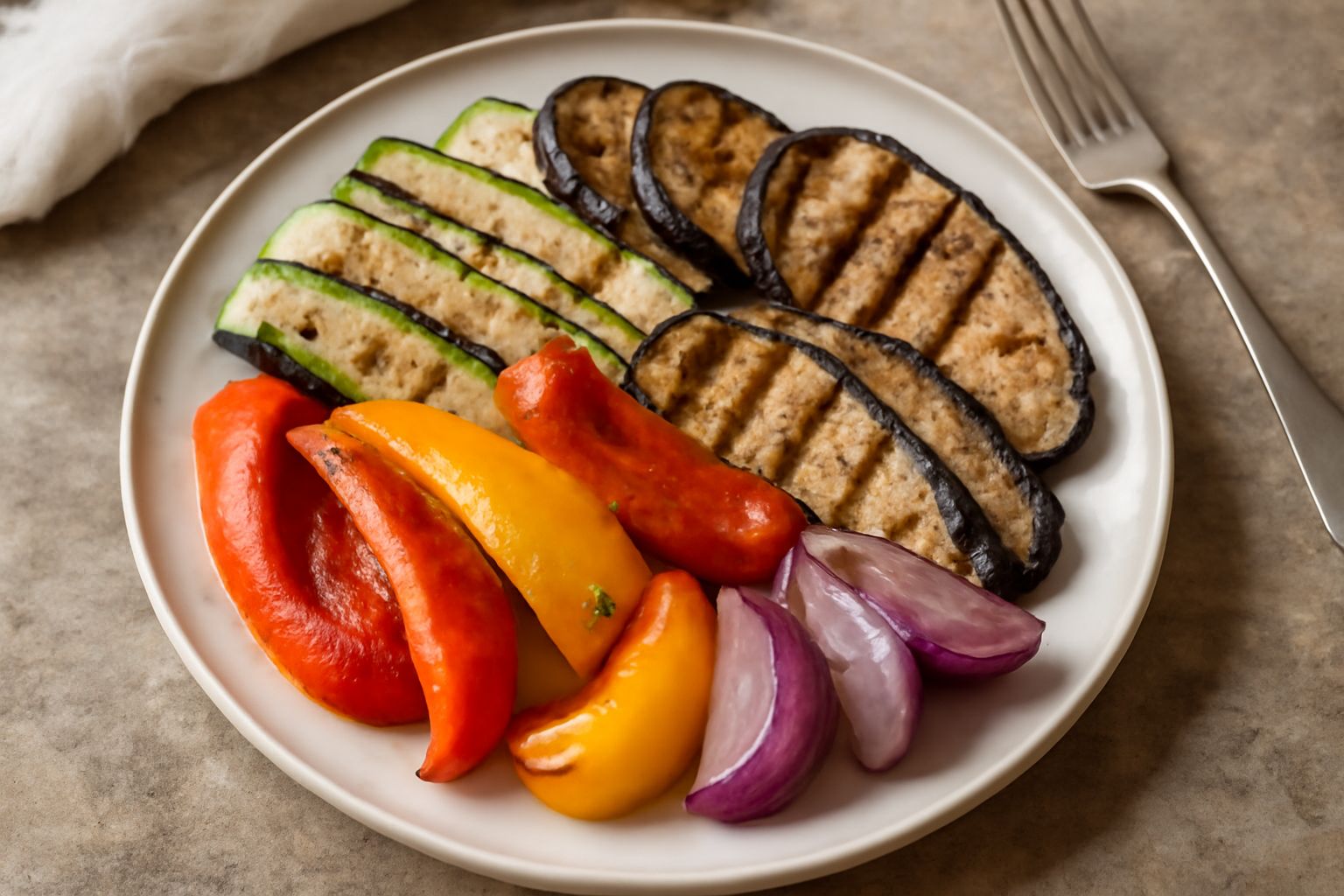 Piatto bianco con verdure grigliate fredde: strisce di zucchine nere e verdi, melanzane marrone scuro, peperoni rossi e gialli, cipolla grigia, il tutto cosparso di prezzemolo verde e disposto con cur