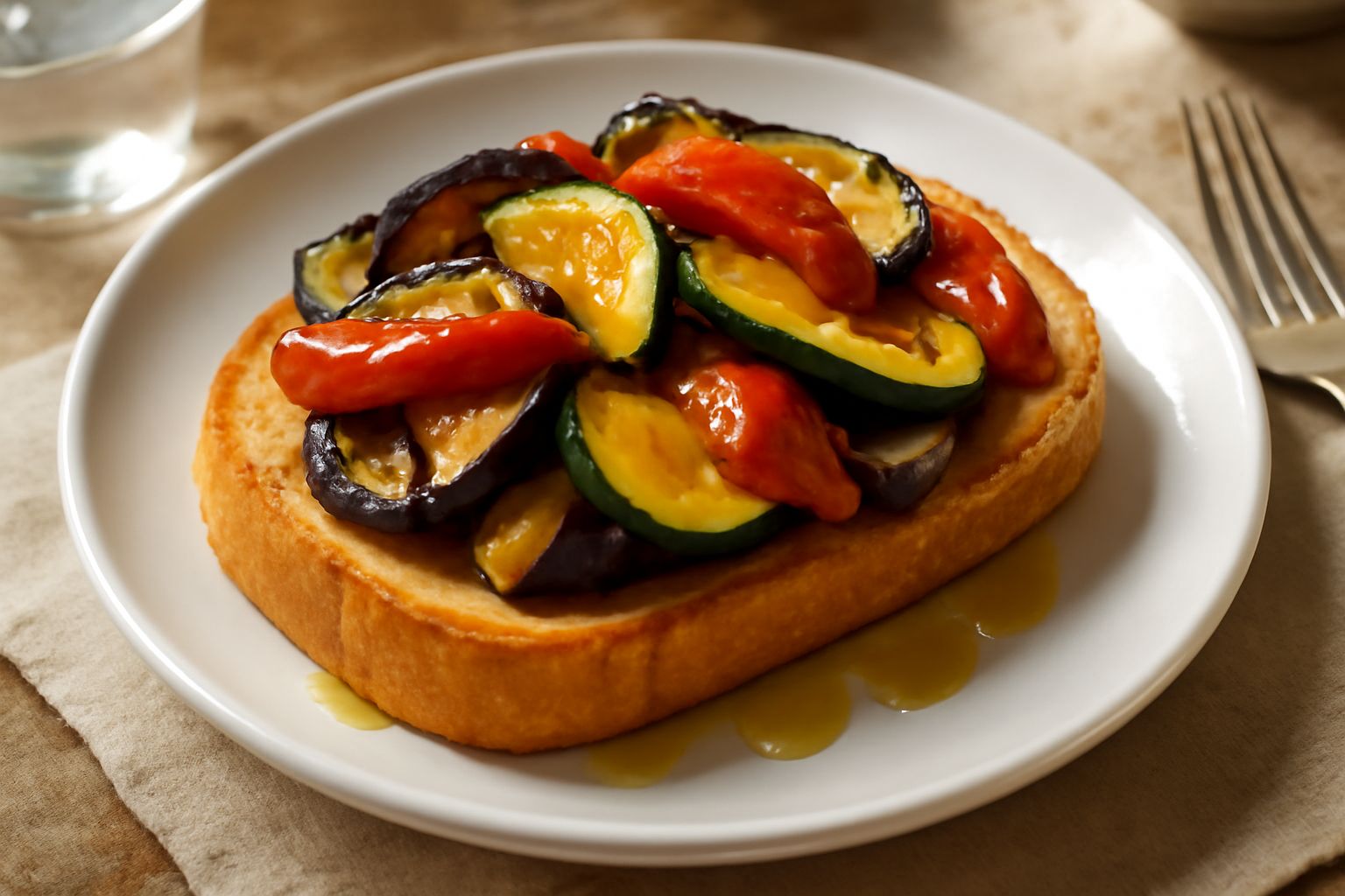 Fette di pane tostato su un piatto bianco, coperte di melanzane grigliate blu-scure, zucchine gialle e peperoni rossi lucidi, con gocce di olio e basil verde fresco, vapore appena visibile.