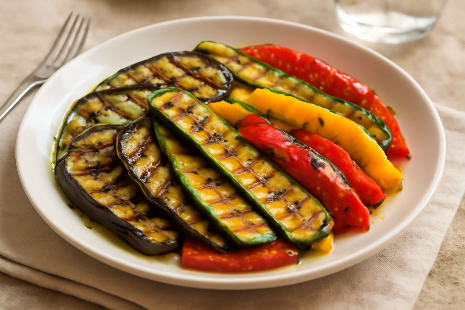 Verdure grigliate marinate disposte su un piatto bianco: strisce di melanzana nera, zucchine verdi dorate, peperoni rossi e gialli brillanti, cosparse di prezzemolo fresco e semi di sesamo