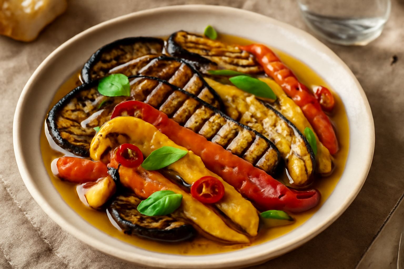 Vasetto di vetro con melanzane, zucchine e peperoni rossi grigliati, scuri e lucidi, sommersi in olio trasparente con aglio e peperoncino visibili