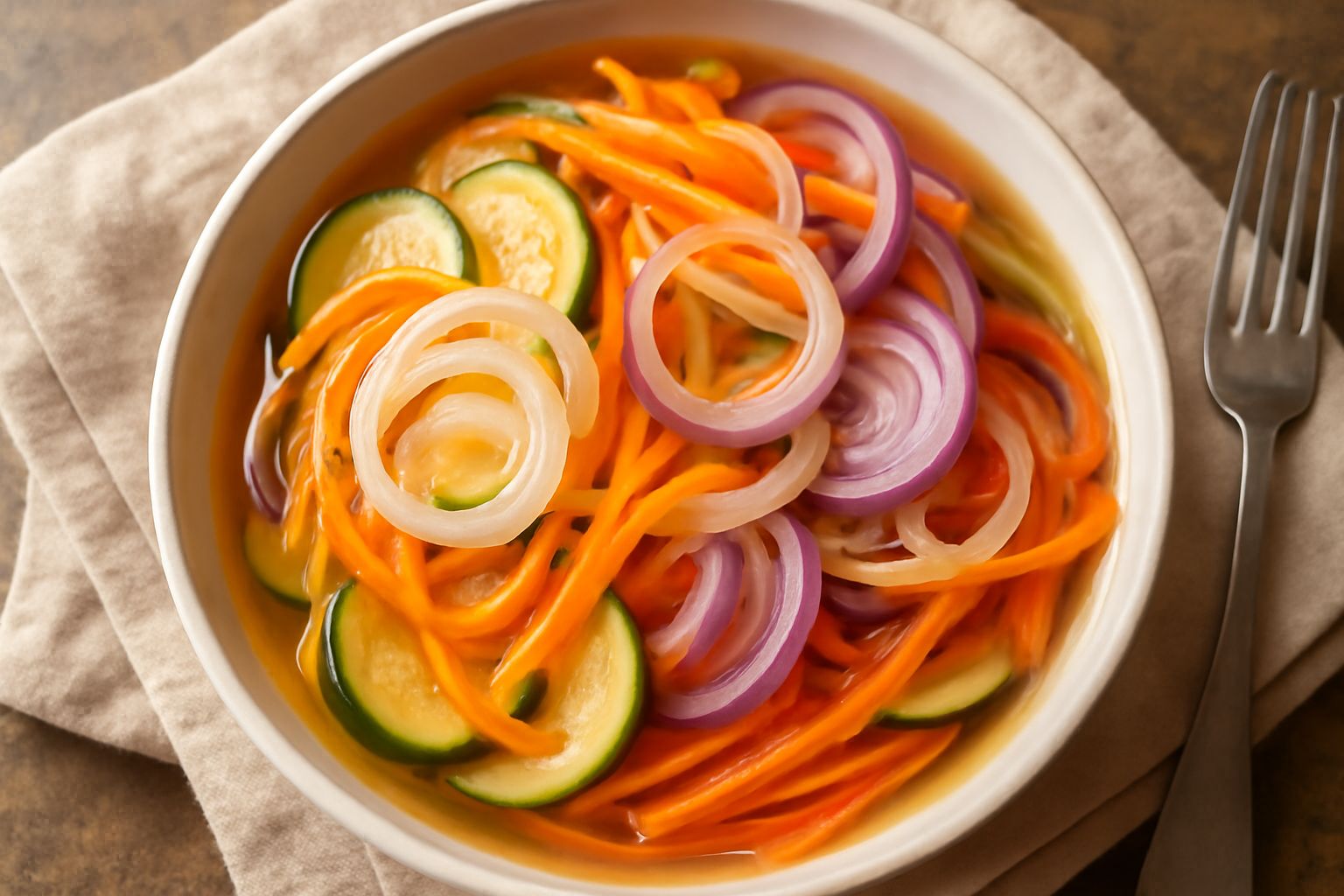 Ciotola di ceramica bianca con verdure in carpione: zucchine gialle e verdi a rondelle, carote tagliate sottili, cipolle bianche e rosso scuro, aromatizzate con foglie di basilico fresco, coperte da l