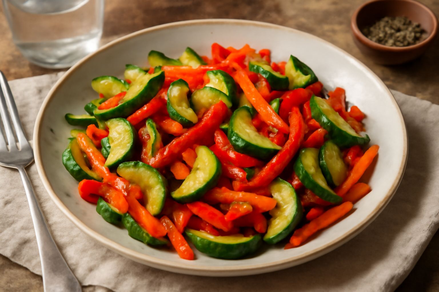 Padella antiaderente piena di verdure miste saltate: zucchine verdi e gialle dorate, carote tagliate a julienne, peperoni rossi brillanti e verdi, aglio dorato, prezzemolo fresco verde in superficie, 