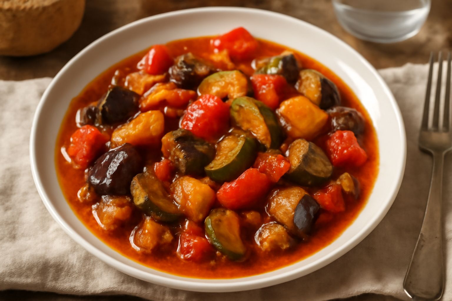 Melanzane, zucchine e peperoni rossi stufati in pentola di terracotta, parzialmente immersi in sugo rosso scuro, germogli di basilico fresco sulla superficie, pentola semicoperta al vapore