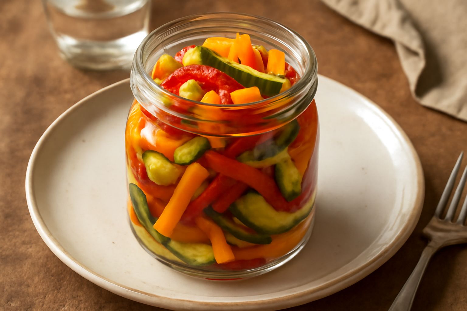 Vasetto di vetro pieno di verdure marinate: carote tagliate a bastoncini arancio vivo, zucchine gialle e verdi a fettine, cipolle bianche, peperoni rossi e gialli a strisce, aceto trasparente con boll