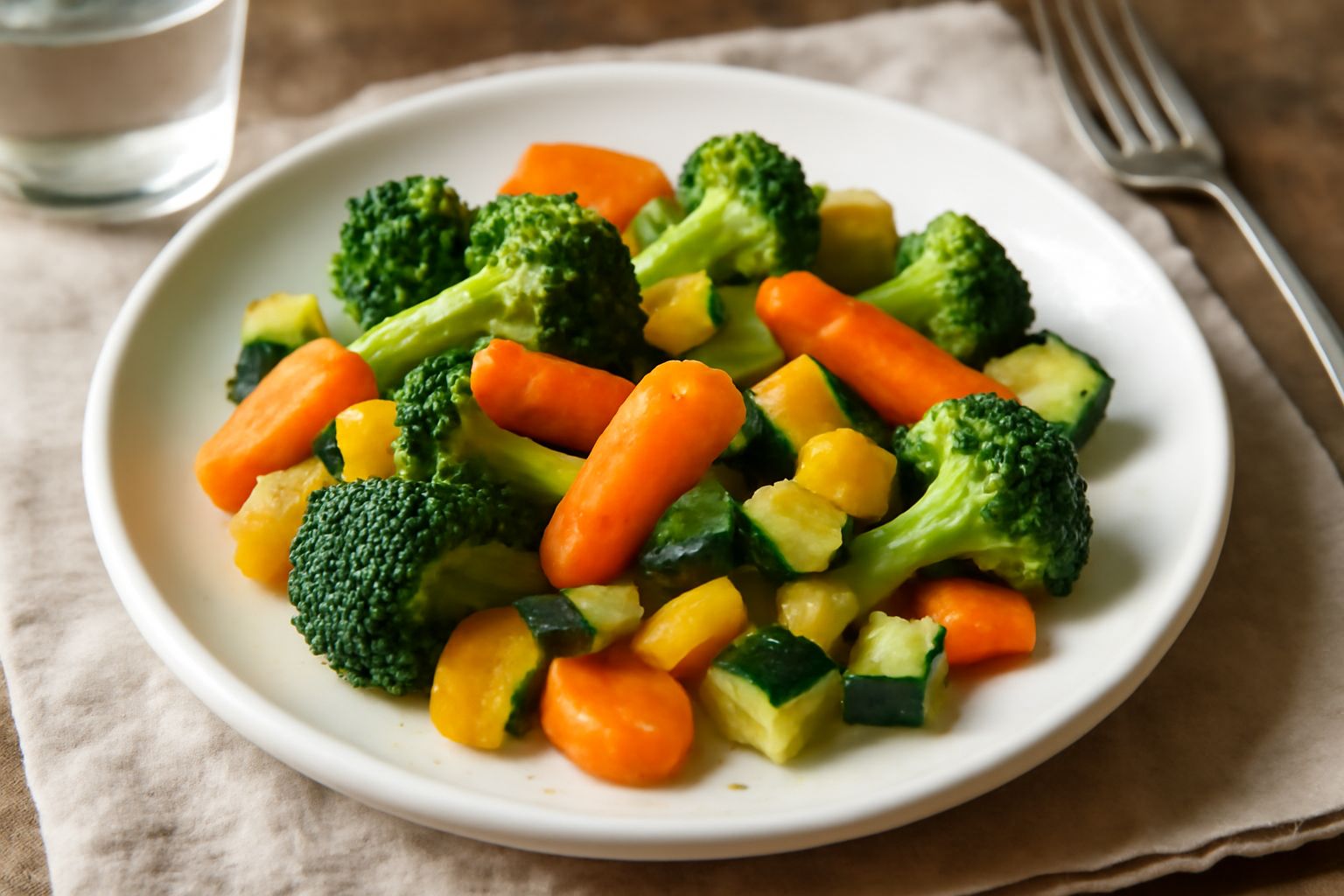 Verdure miste cotte al burro nel piatto: broccoli verde scuro, carote arancioni a rondelle, zucchine gialle e verdi, il tutto lucido di burro fuso, guarnito con pepe nero e prezzemolo fresco