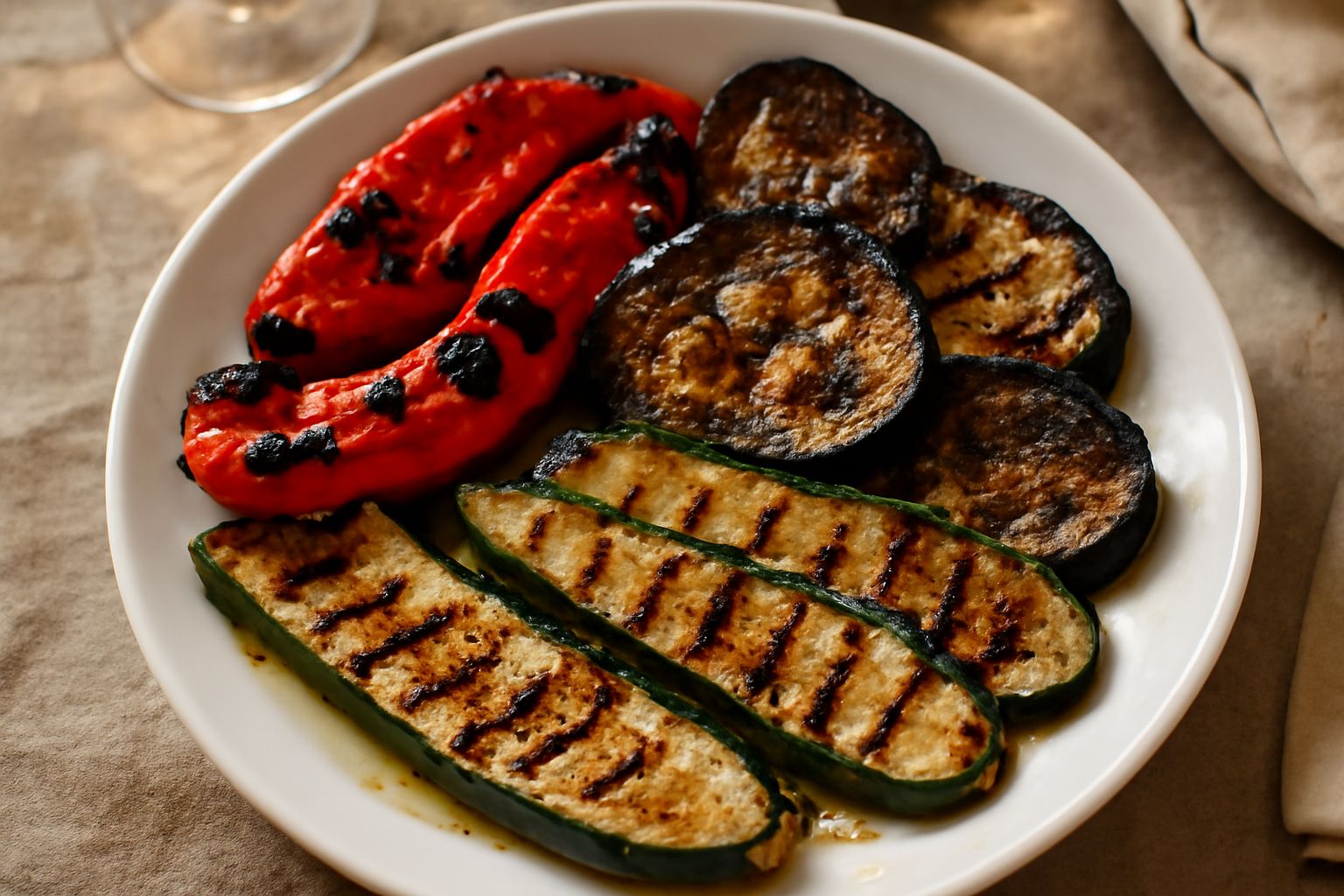 Piatto bianco con verdure grigliate: strisce di zucchine verdi e gialle, melanzane viola scure, peperoni rossi e gialli, pomodori arrostiti. Superficie lievemente annerita dalla brace, olio d'oliva ch