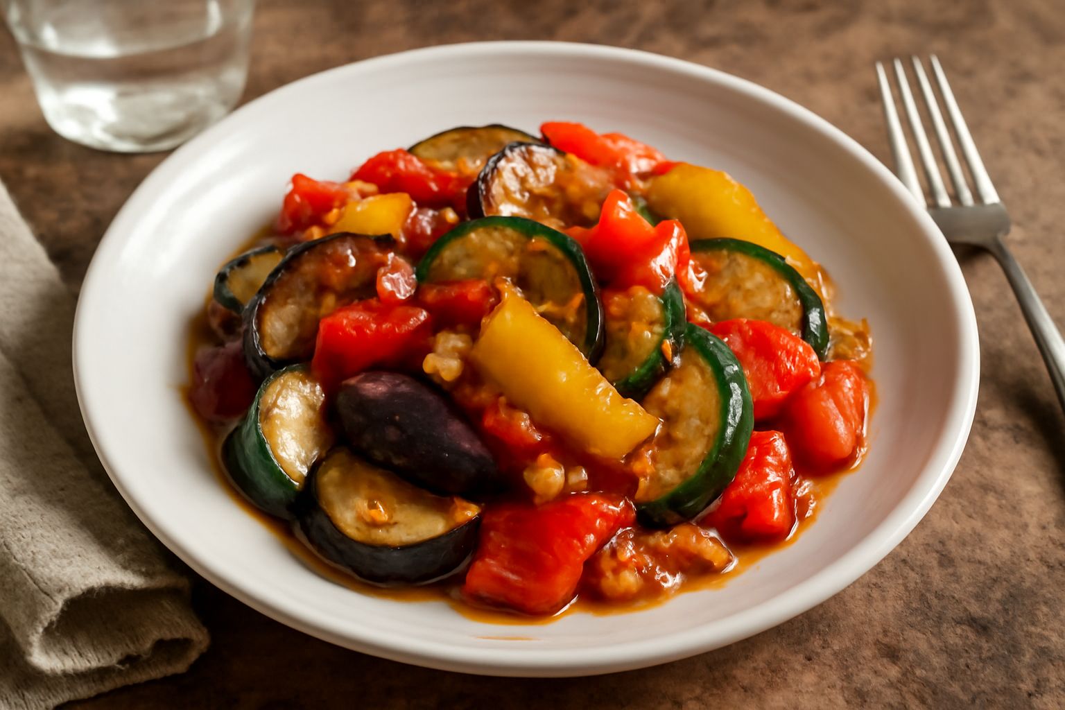 Verdure miste spadellate in una padella di ferro: melanzane viola, zucchine verdi, peperoni rossi e gialli, pomodori morbidi, aglio dorato, olio lucido sulla superficie, piatto bianco con ciotola di v