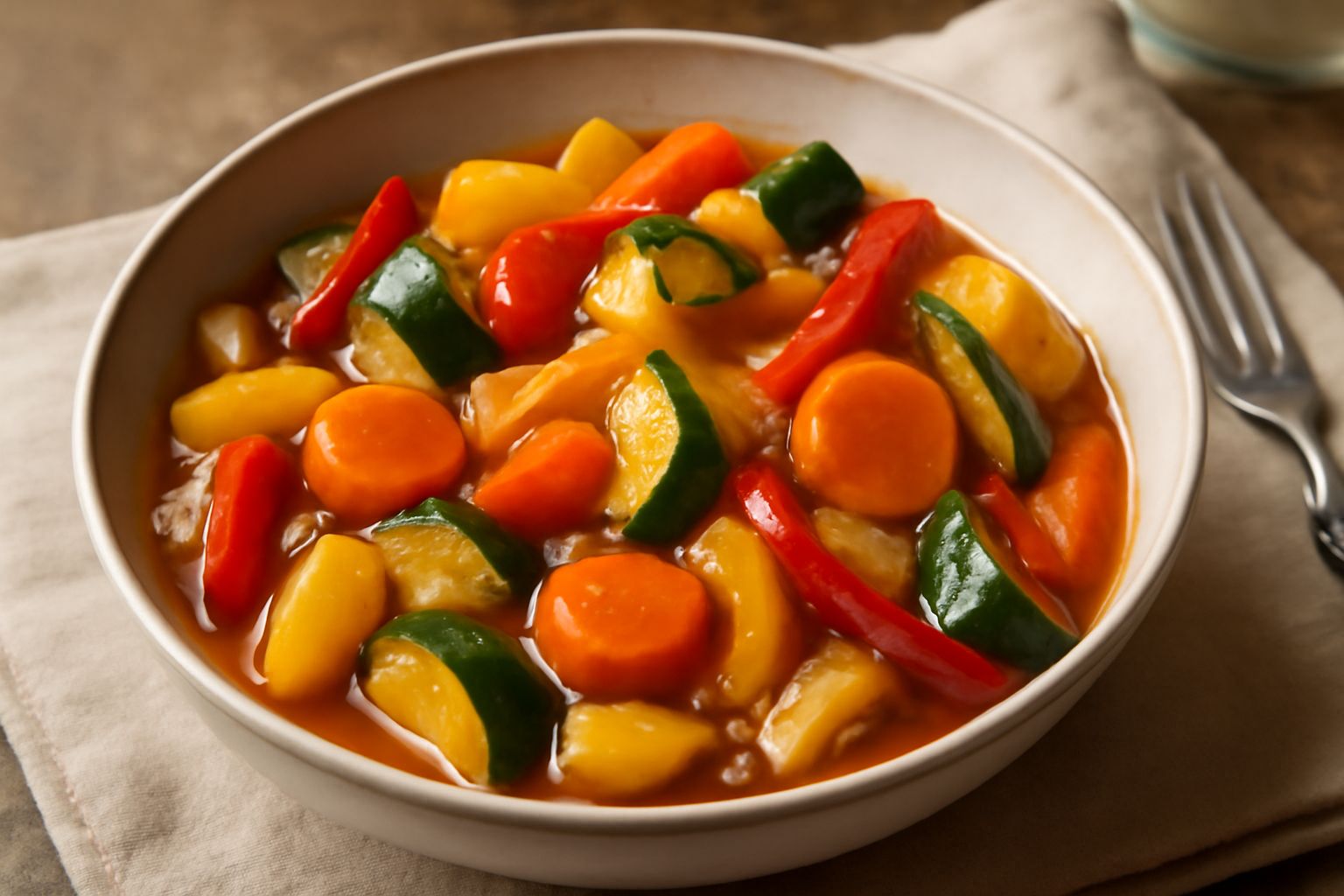 Verdure miste agrodolce in una ciotola bianca: zucchine gialle e verdi, peperoni rossi e gialli, carote tagliate a rondelle, cipolla bianca, tutto brillante di salsa trasparente agrodolce con gocce di