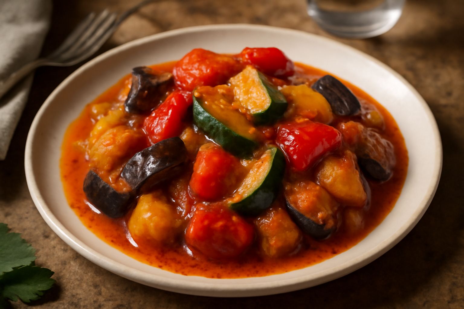 Piatto di ceramica bianca con verdure miste in umido: zucchine verdi e gialle, melanzane viola, pomodori rossi e peperoni, con salsa pomodoro lucida e prezzemolo verde fresco sparso in superficie