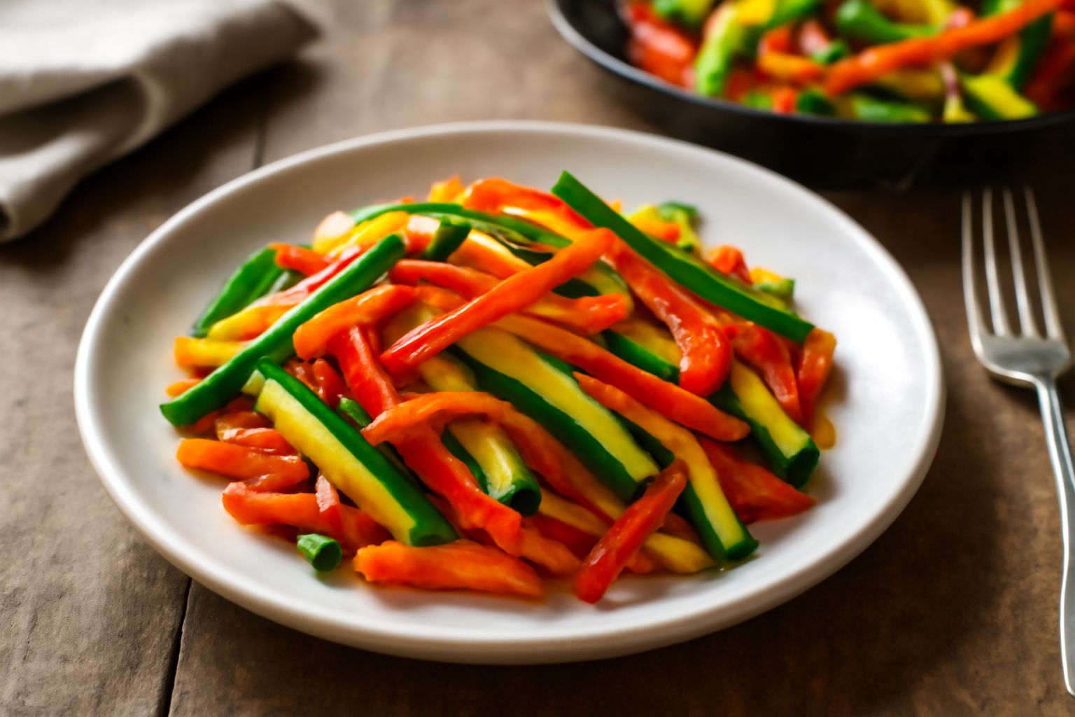 Padella in ghisa con verdure miste saltate: zucchine tagliate a bastoncino verde scuro, carote arancioni a julienne, peperoni gialli e rossi a strisce, tutto ancora al dente con gocce d'olio lucido, p
