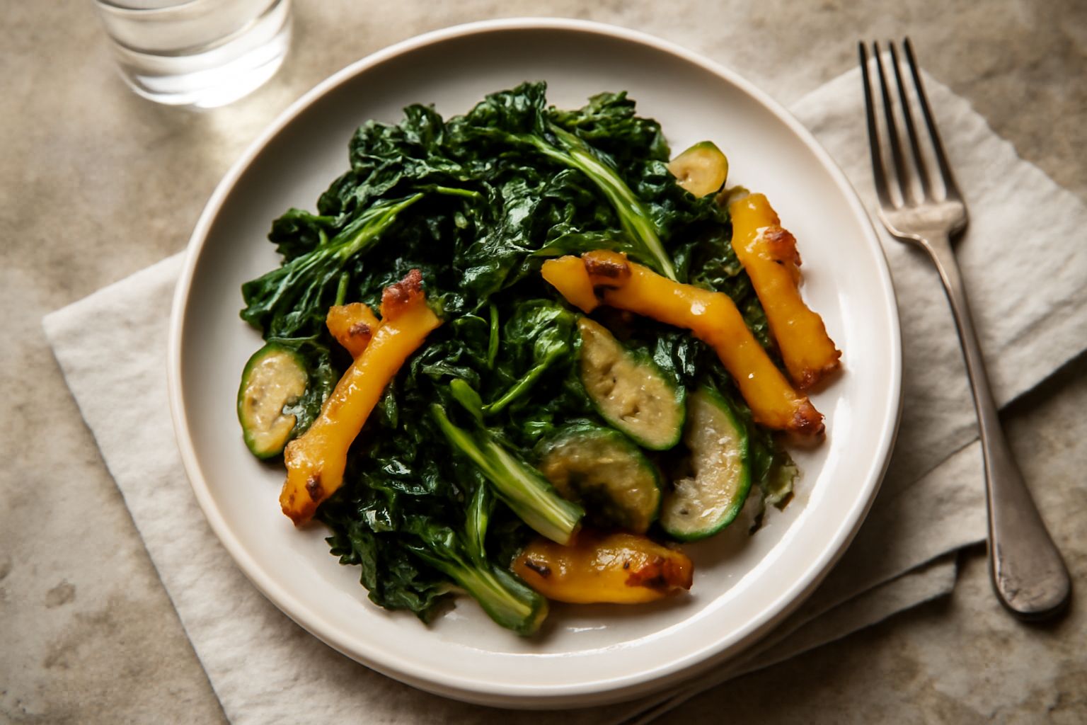 Verdure miste appena ripassate in padella: cicoria ripassata verde scuro e croccante, peperoni gialli dorati, zucchine grigie leggermente caramellate, tutto in una padella in ghisa con gocce di olio l