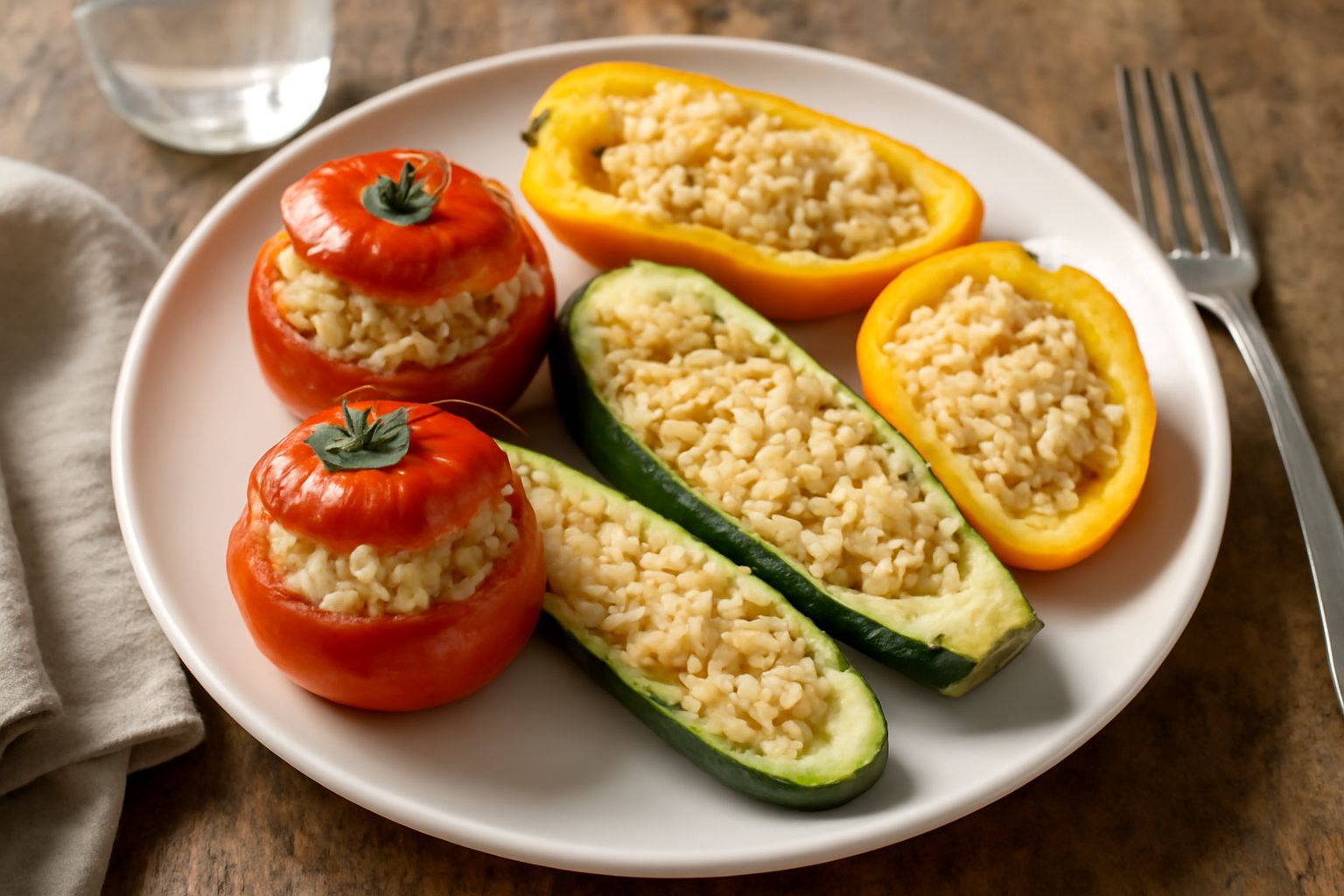 Pomodori rossi e peperoni gialli ripieni di riso bianco e verdure, disposti su un piatto bianco con foglie di basilico fresco. Accanto zucchine verdi tagliate a metà e riempite, con contorno di limone