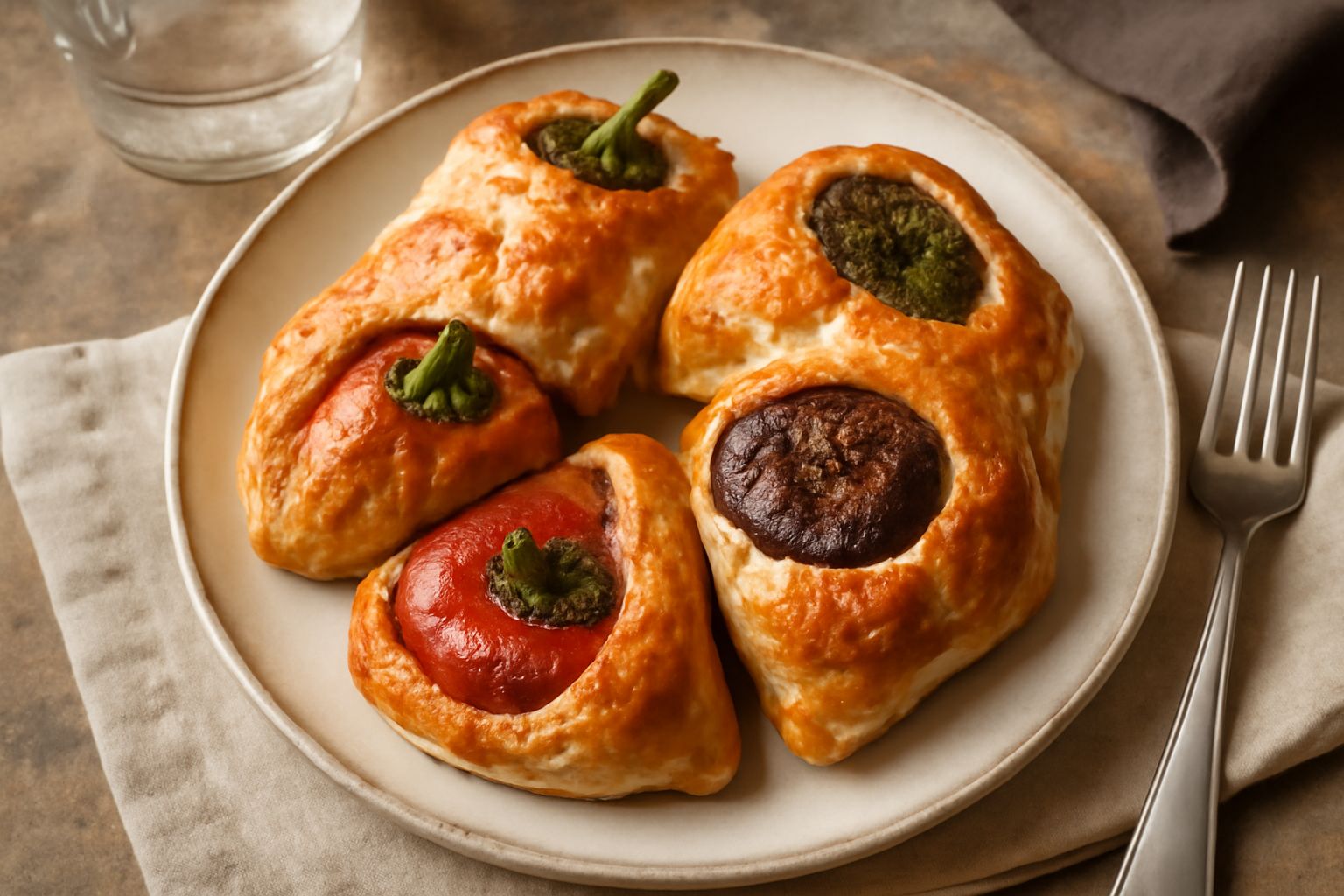 Verdure ripiene in crosta dorate e croccanti appena sfornate, disposte in piatto bianco; si vedono peperoni rossi e gialli con crosta sfoglia dorata, contorno di insalata verde fresca