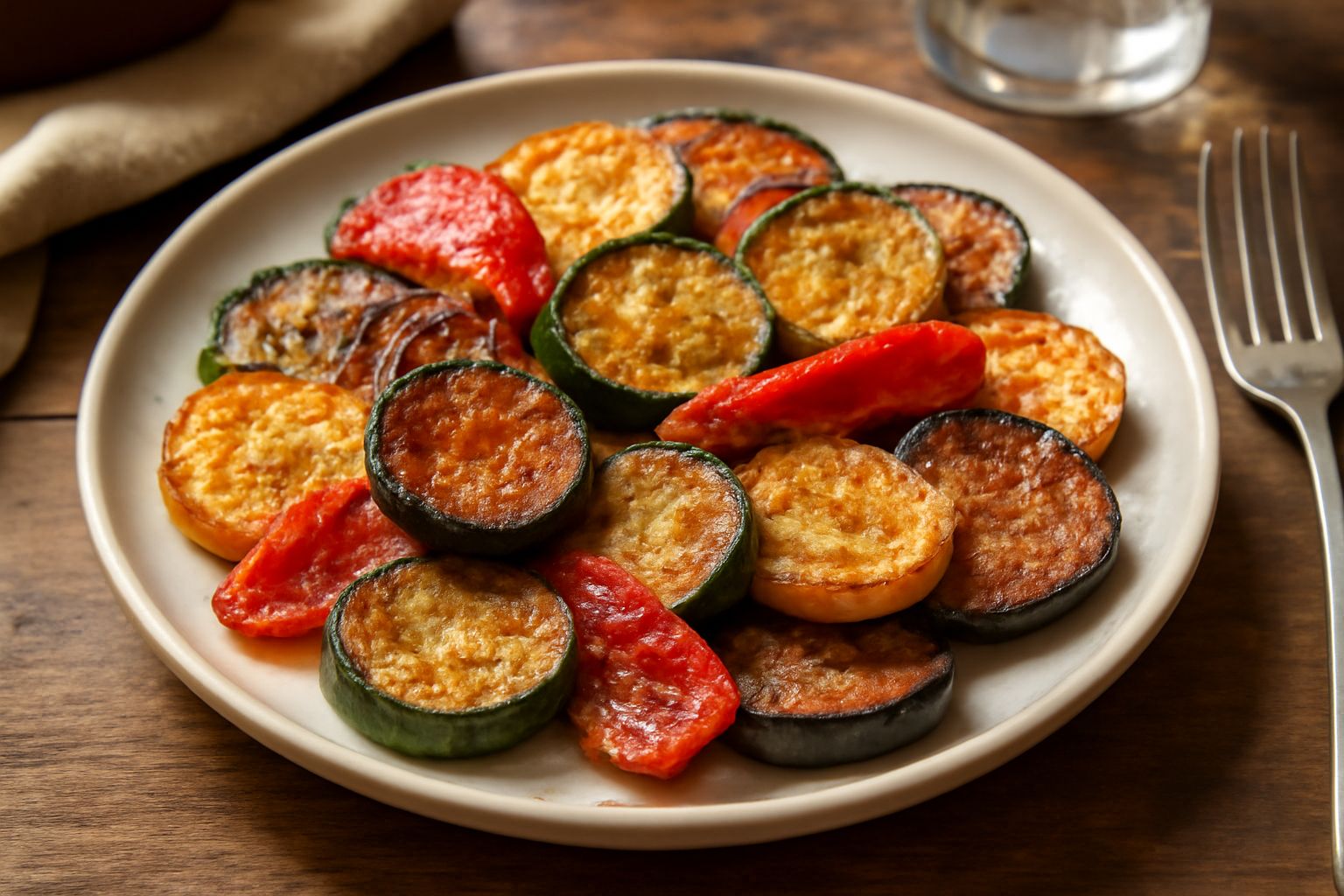 Verdure soffritte miste su un piatto bianco: zucchine, melanzane, peperoni e spinaci dorati e croccanti, disposti a raggiera, con gocce di olio visibili in superficie e foglie di prezzemolo verde