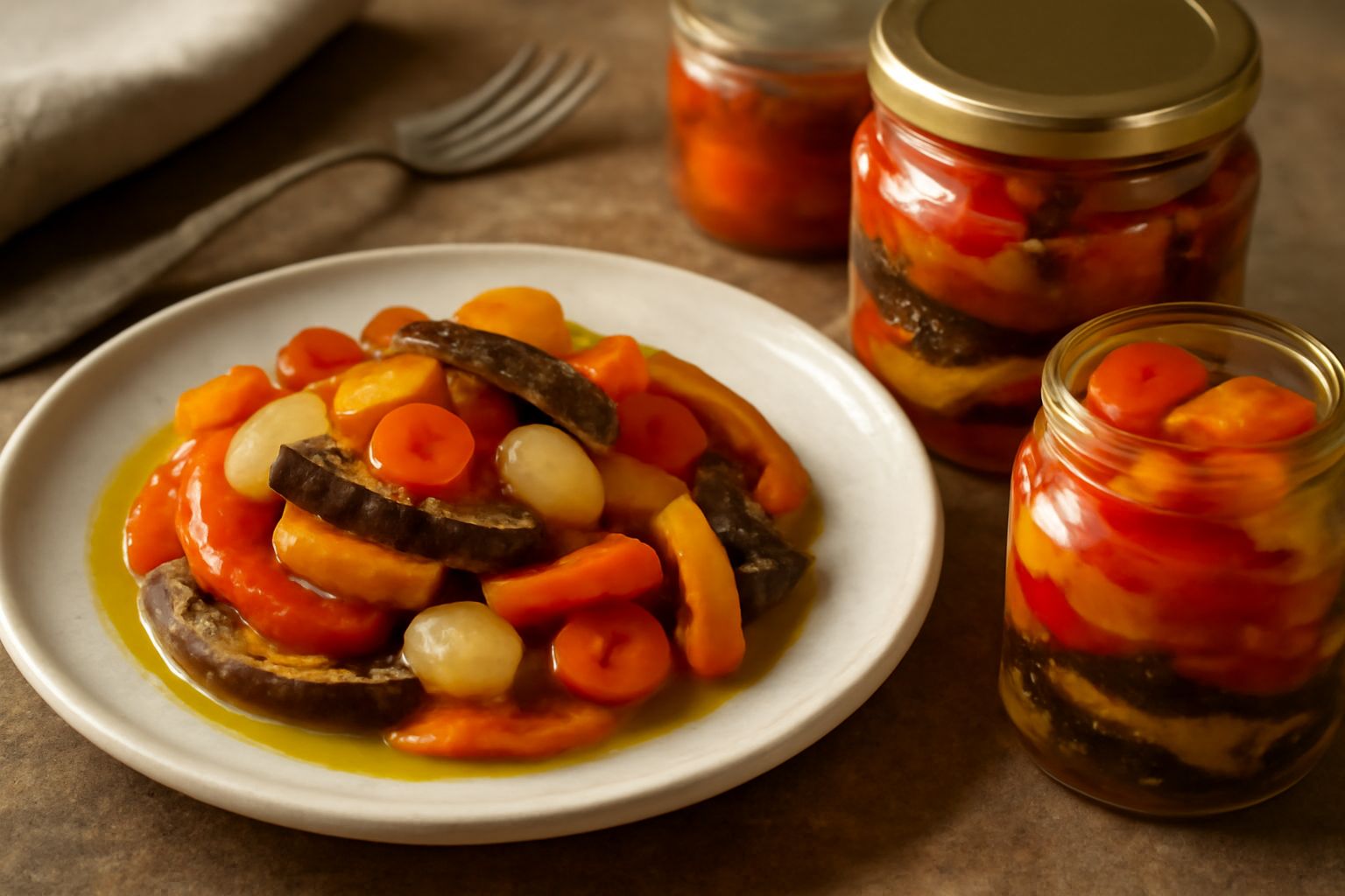Vasetti di vetro trasparente pieni di verdure sott'olio: peperoni rossi e gialli a fette, melanzane scure, carote arancioni, tutto immerso in olio dorato con aglio e foglie di basilico visibili sulla 