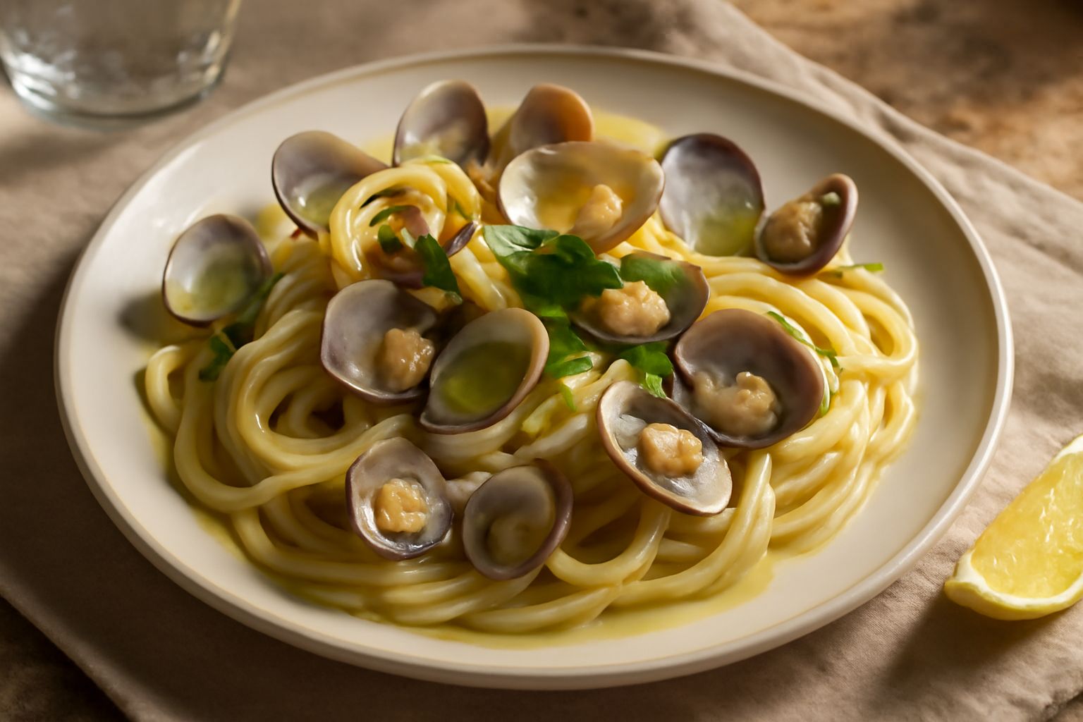 Un bicchiere di vino bianco trasparente color giallo paglierino con riflessi verdognoli, accanto a un piatto di spaghetti ai frutti di mare fumanti, con prezzemolo verde fresco e limone tagliato.