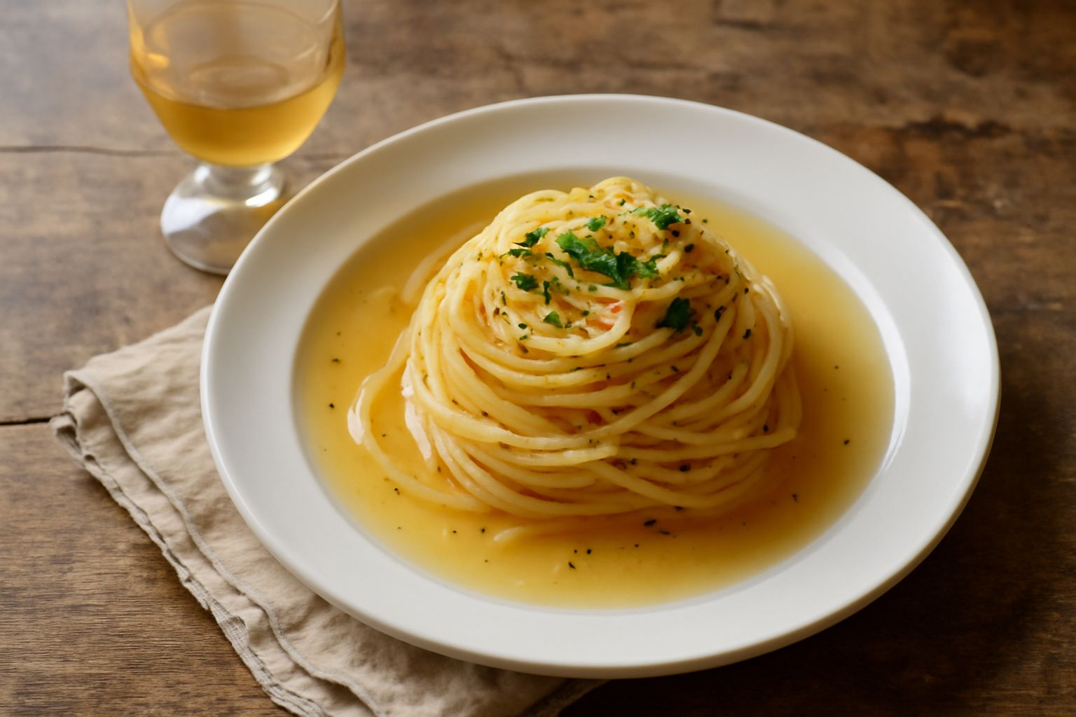 Bicchiere di verjus trasparente e ambrato, con accanto un grappolo di uve verdi acerbe appena colte, su un tavolo di legno chiaro con foglie di vite