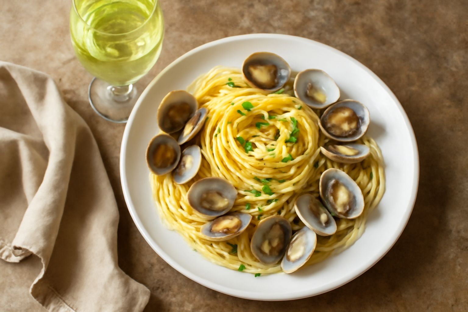 Bicchiere di Vermentino bianco trasparente con riflessi dorati, circondato da gamberetti freschi, limone fresco tagliato e foglie di basilico verde su tavolo di legno chiaro