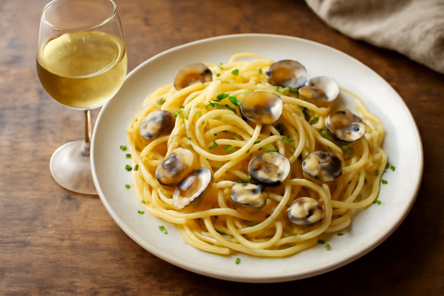 Bicchiere di Vermentino di Corniglia trasparente con riflessi giallastri, accanto a un piatto di spaghetti ai frutti di mare in bianco con prezzemolo fresco, su un tavolo di legno rustico vicino al ma