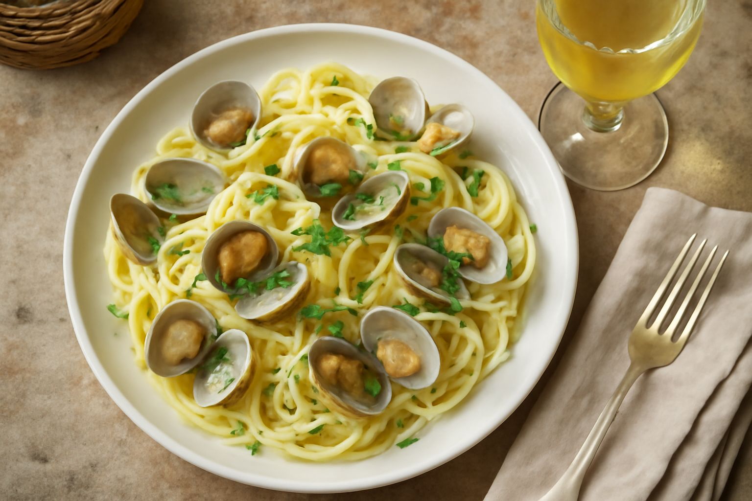 Calice di vino bianco Vermentino di Gallura con riflessi dorati, affiancato da un piatto di spaghetti con vongole veraci, aglio e prezzemolo fresco, su tavolo di legno scuro con limone fresco