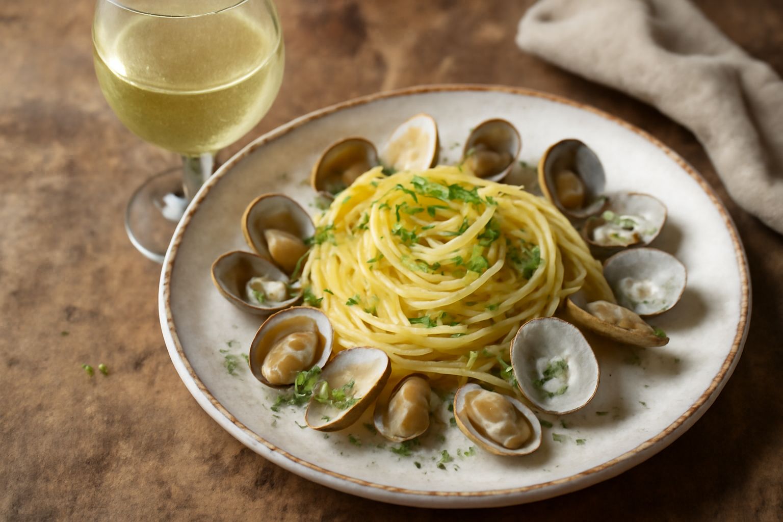 Bicchiere di vino bianco Vermentino di Imperia con riflessi gialli dorati, davanti a una bottiglia in vetro verde, su sfondo di limoni freschi e fiori di camomilla
