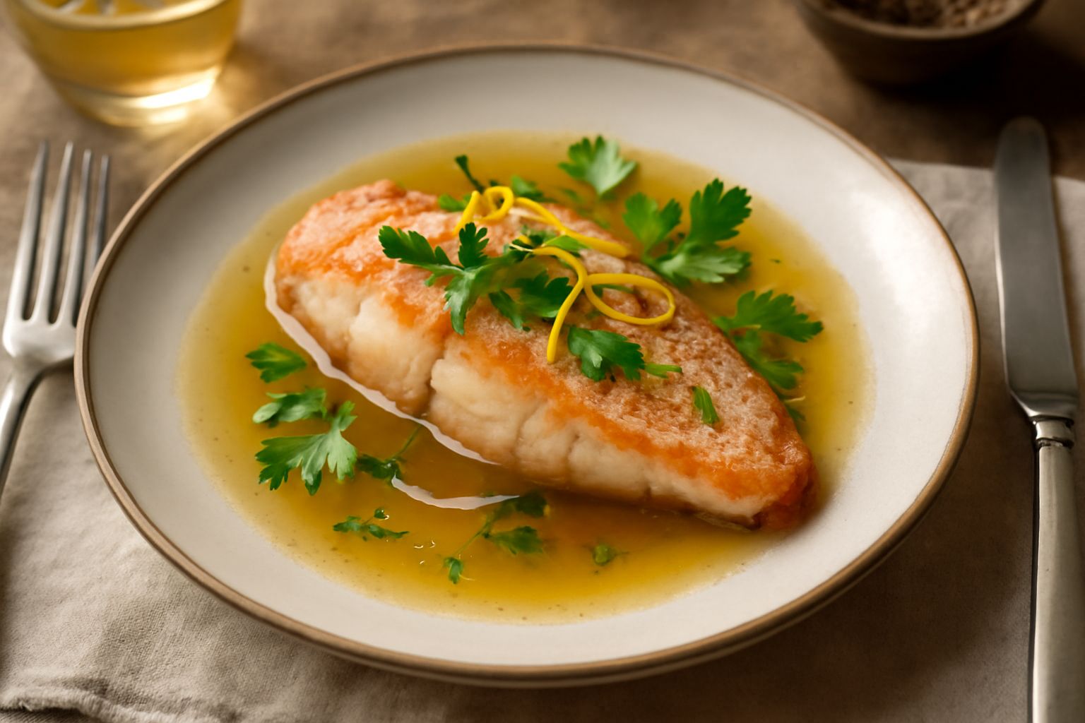 Filetto di scorfano crudo su piatto bianco con gambi di sedano, spicchi di limone, un bicchiere di Vermentino di colore paglierino e erbe aromatiche fresche intorno