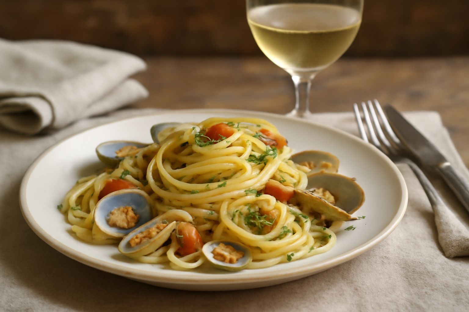 Calice di vino Vermentino di Menfi color giallo paglierino trasparente su tavolo di legno, accanto a filetti di pesce fresco, limone tagliato a spicchi e erbe aromatiche verdi