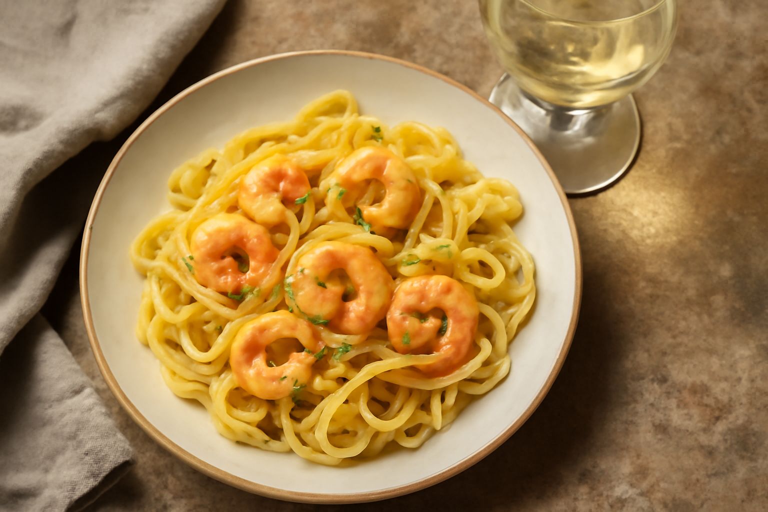 Bicchiere di vino bianco trasparente tipo Vermentino, colore giallo paglierino, con riflessi verdognoli, su tavolo bianco con bottiglia sullo sfondo e vista di oliveti toscani sfocati
