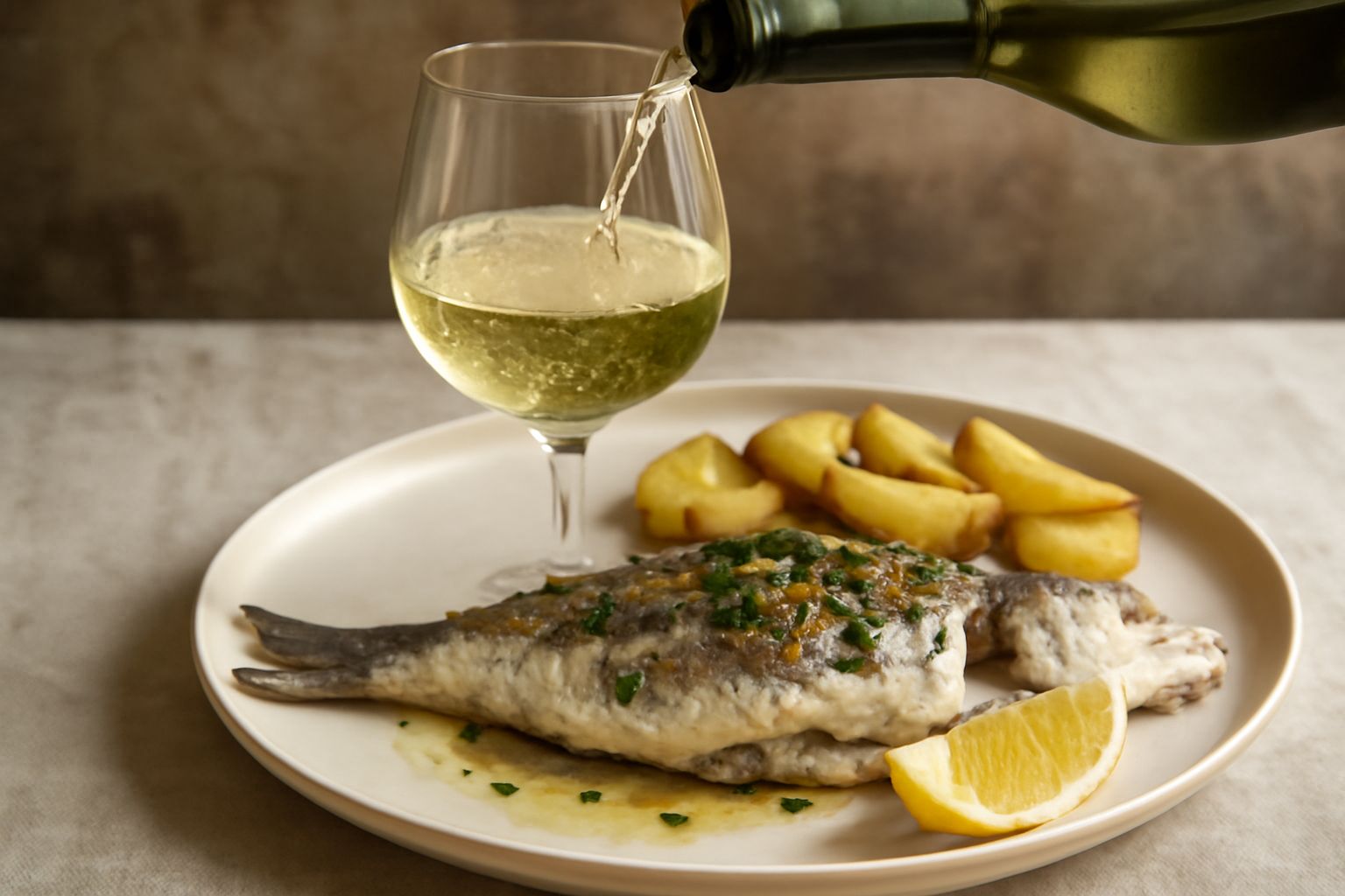 Calice di Vermentino bianco trasparente con riflessi dorati, accanto a un piatto di pesce fresco al forno con limone, erbe aromatiche e verdure grigliate, su un tavolo di legno con vista sul mare