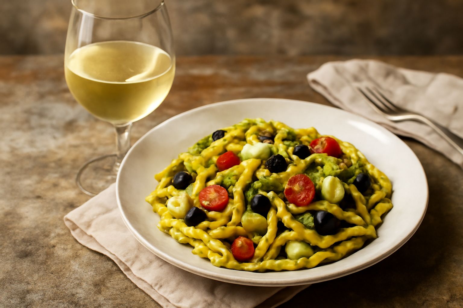 Calice di vino bianco trasparente Vermentino di Taggia, con riflessi gialli paglierini, servito su tavolo in pietra grigia. Sullo sfondo, una bottiglia di vetro scuro e alcune fette di limone fresco