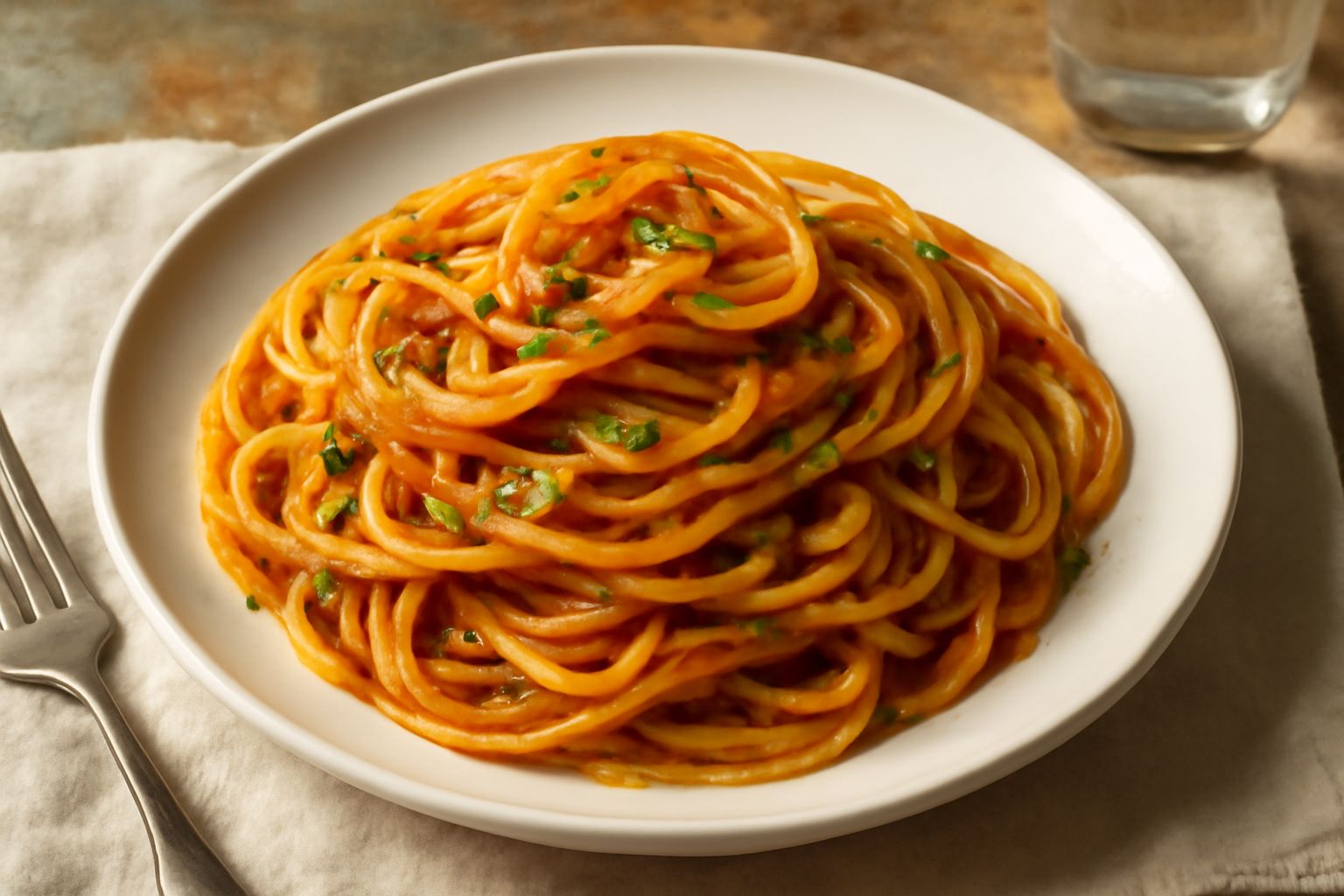 Piatto di vermicelli con salsa di pomodoro rosso vivo, conditi con olio d'oliva, aglio dorato e prezzemolo fresco verde, serviti in ciotola bianca su tavolo di legno